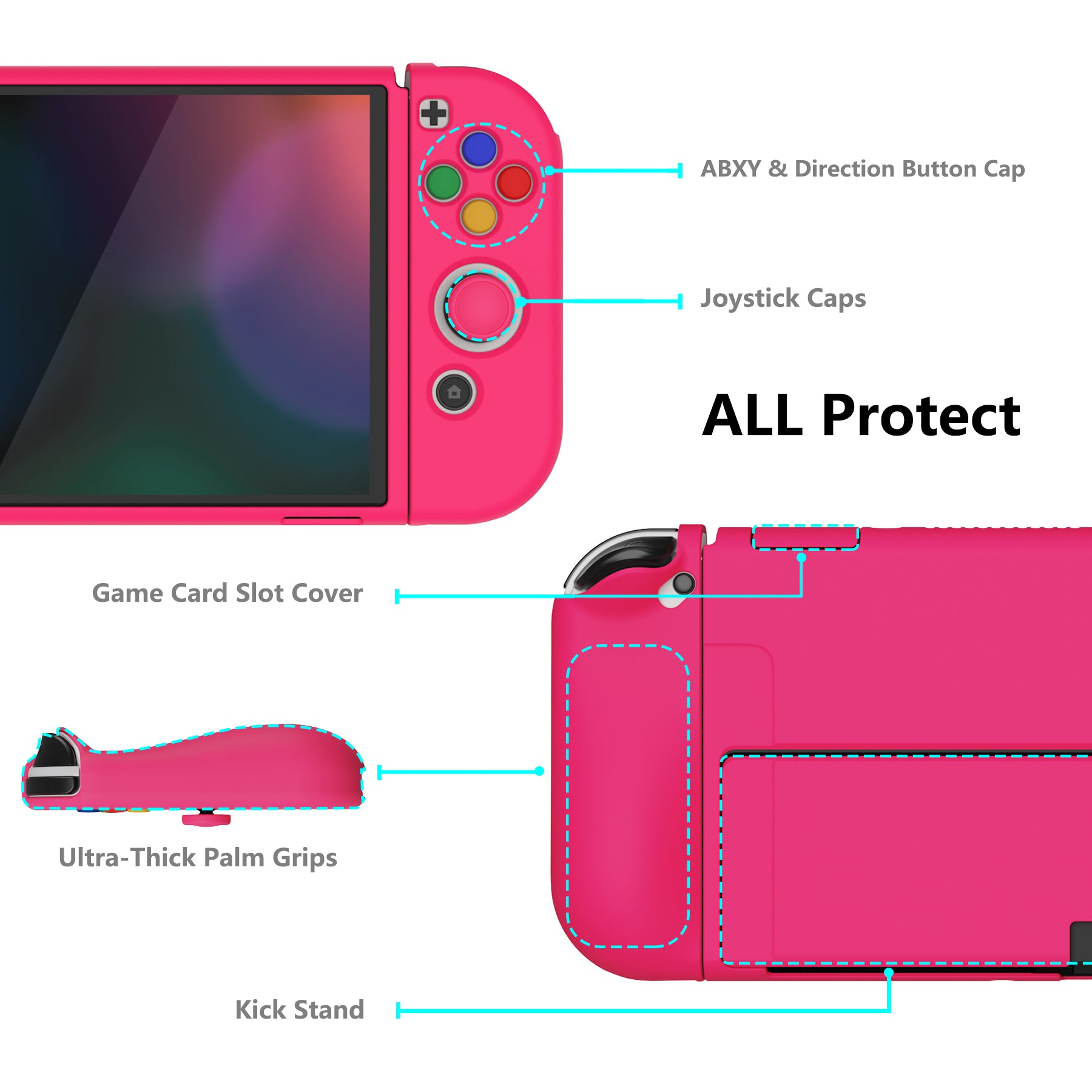 PlayVital ZealProtect Soft TPU Slim Protective Case with Thumb Grip Caps & ABXY Direction Button Caps for Nintendo Switch OLED - Bright Pink playvital