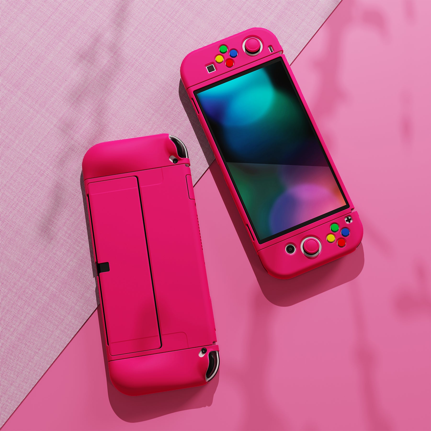 PlayVital ZealProtect Soft TPU Slim Protective Case with Thumb Grip Caps & ABXY Direction Button Caps for Nintendo Switch OLED - Bright Pink playvital