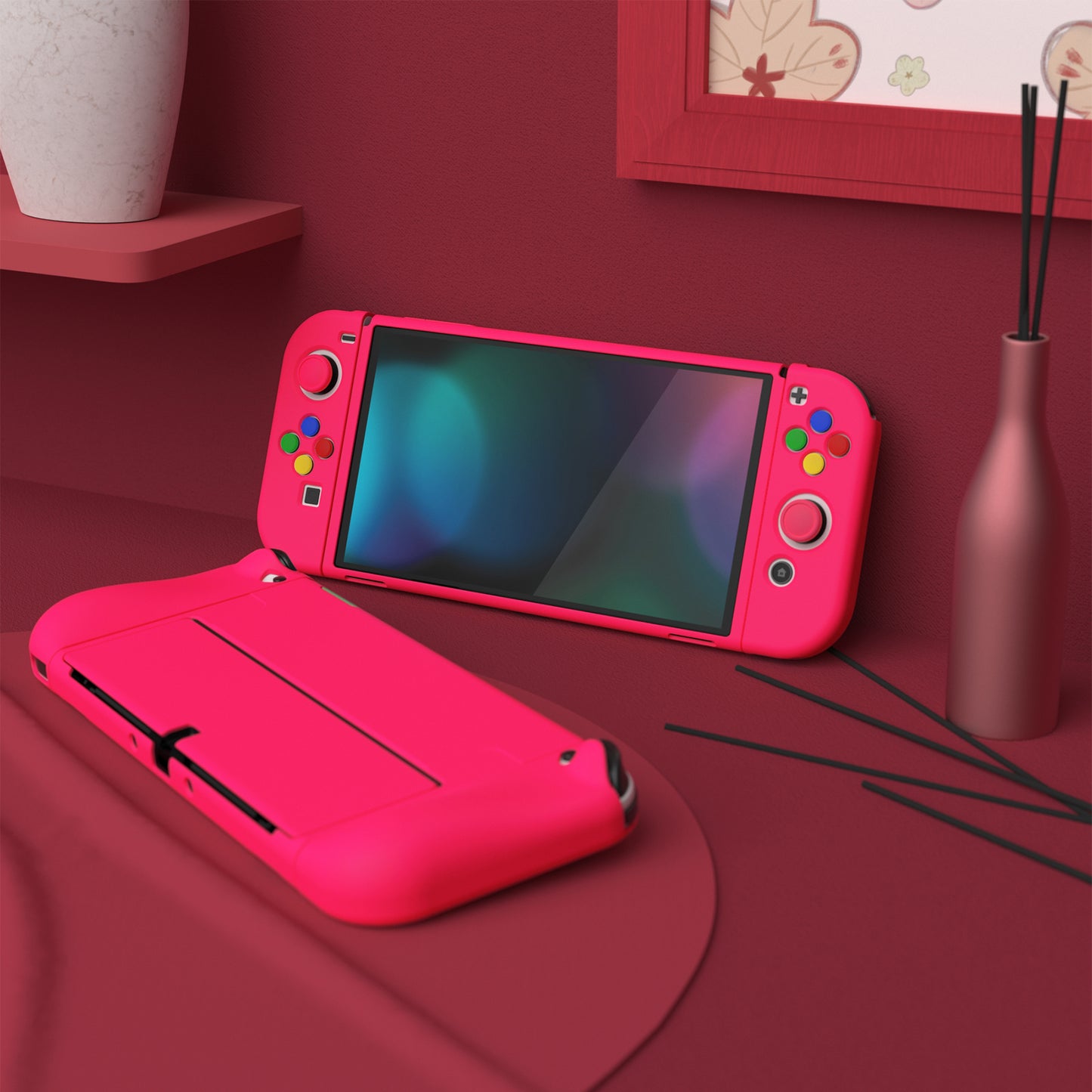 PlayVital ZealProtect Soft TPU Slim Protective Case with Thumb Grip Caps & ABXY Direction Button Caps for Nintendo Switch OLED - Bright Pink playvital