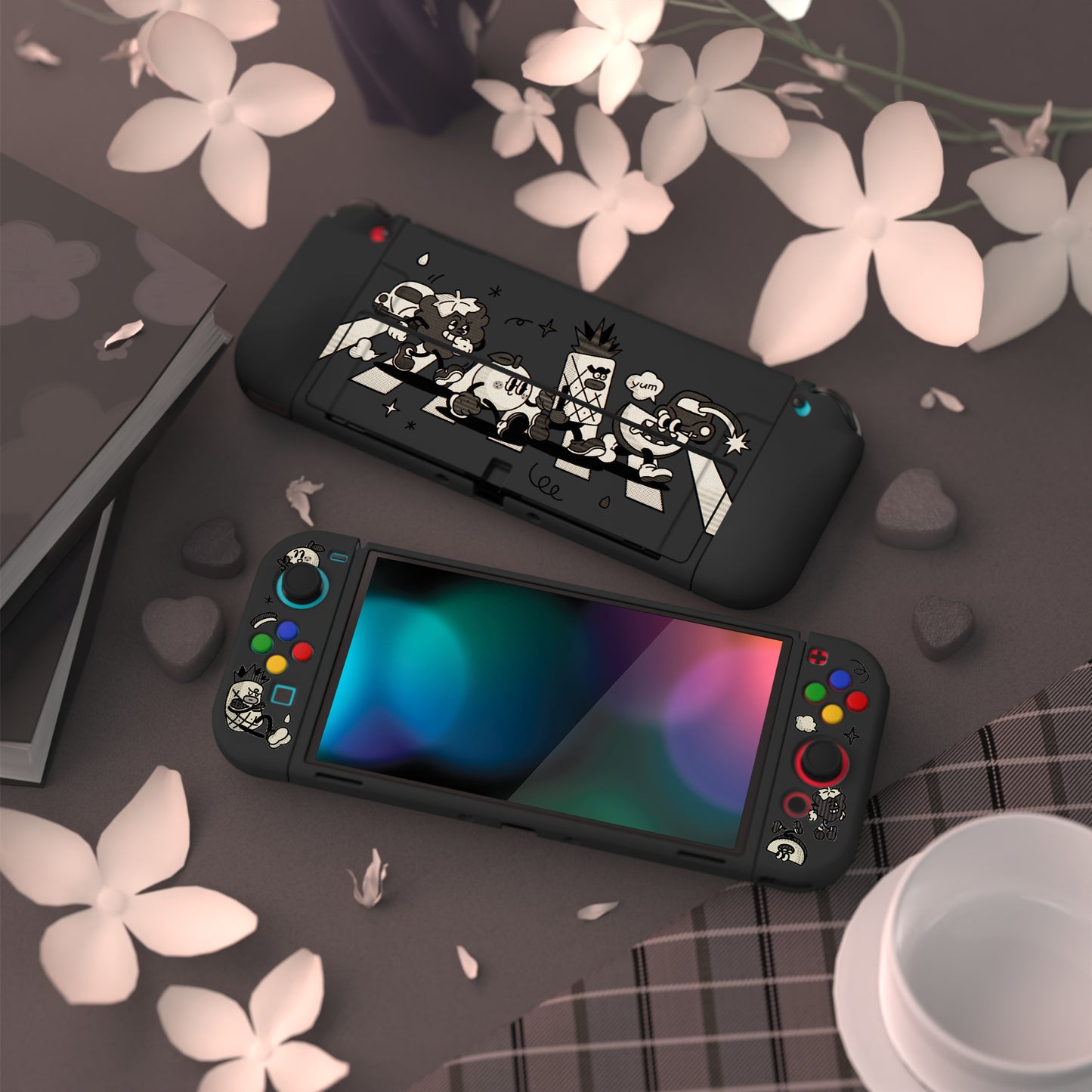 PlayVital ZealProtect Soft TPU Slim Protective Case with Thumb Grip Caps & ABXY Direction Button Caps for Nintendo Switch OLED - Fruit Road - XSOYV6058 playvital