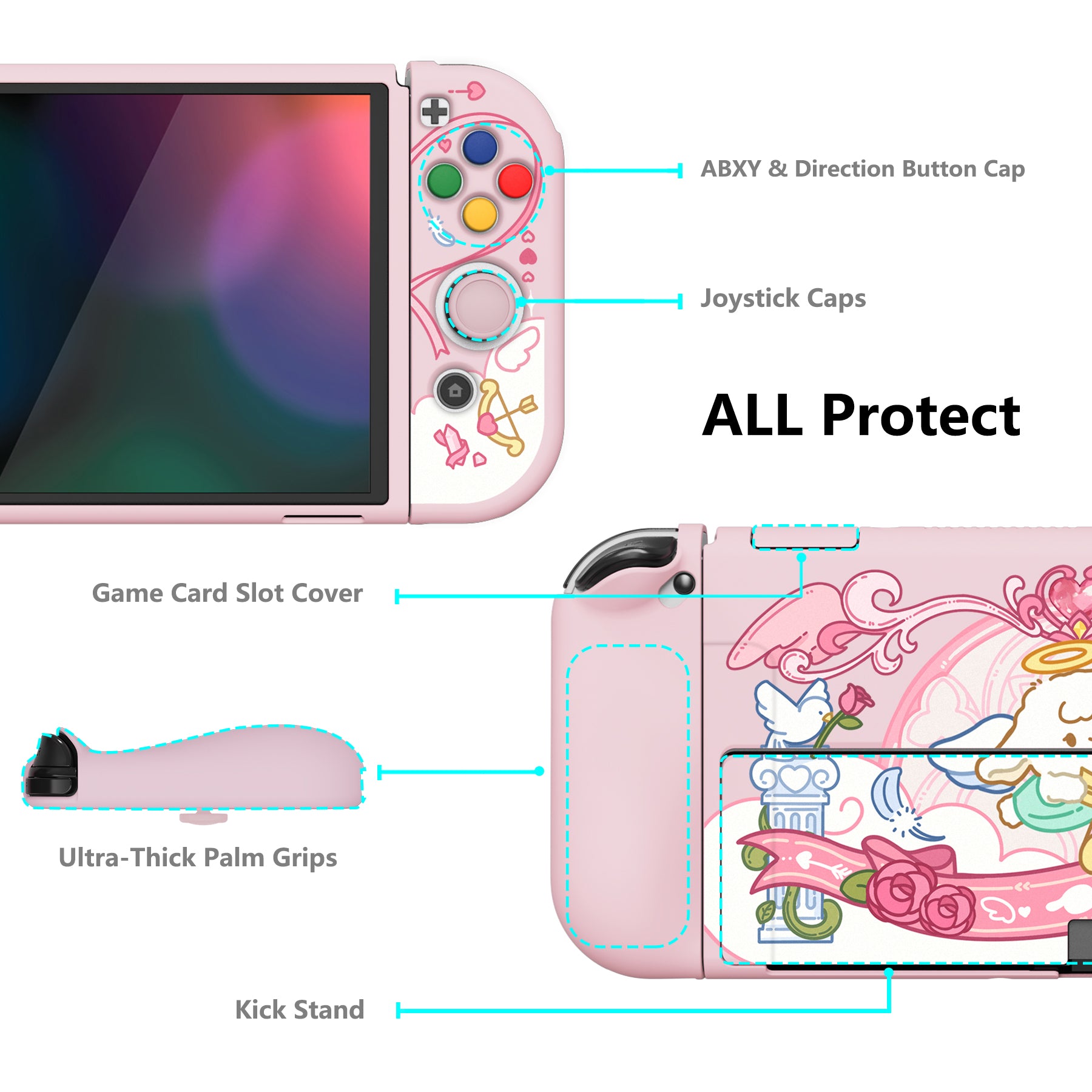 PlayVital ZealProtect Soft TPU Slim Protective Case with Thumb Grip Caps & ABXY Direction Button Caps for Nintendo Switch OLED - Intern Cupid playvital