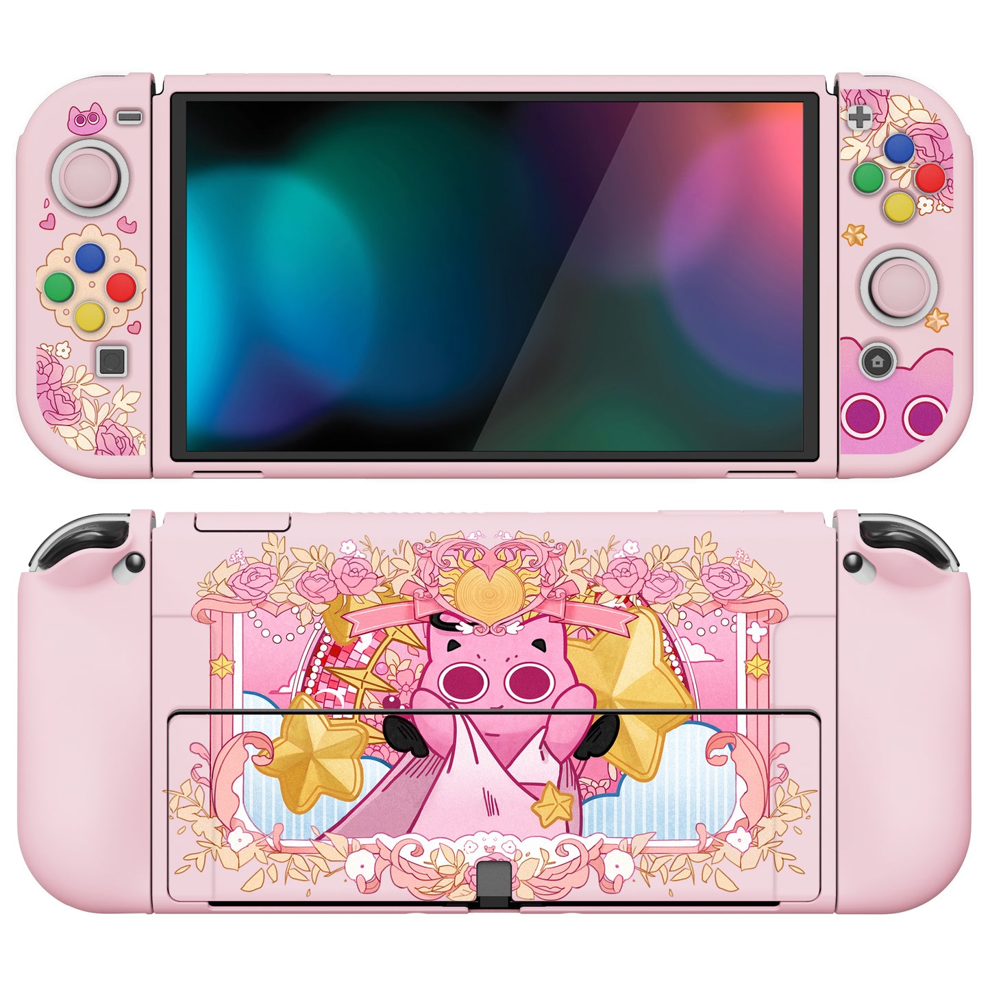 PlayVital ZealProtect Soft TPU Slim Protective Case with Thumb Grip Caps & ABXY Direction Button Caps for Nintendo Switch OLED - PP & Pink - XSOYV6057 playvital