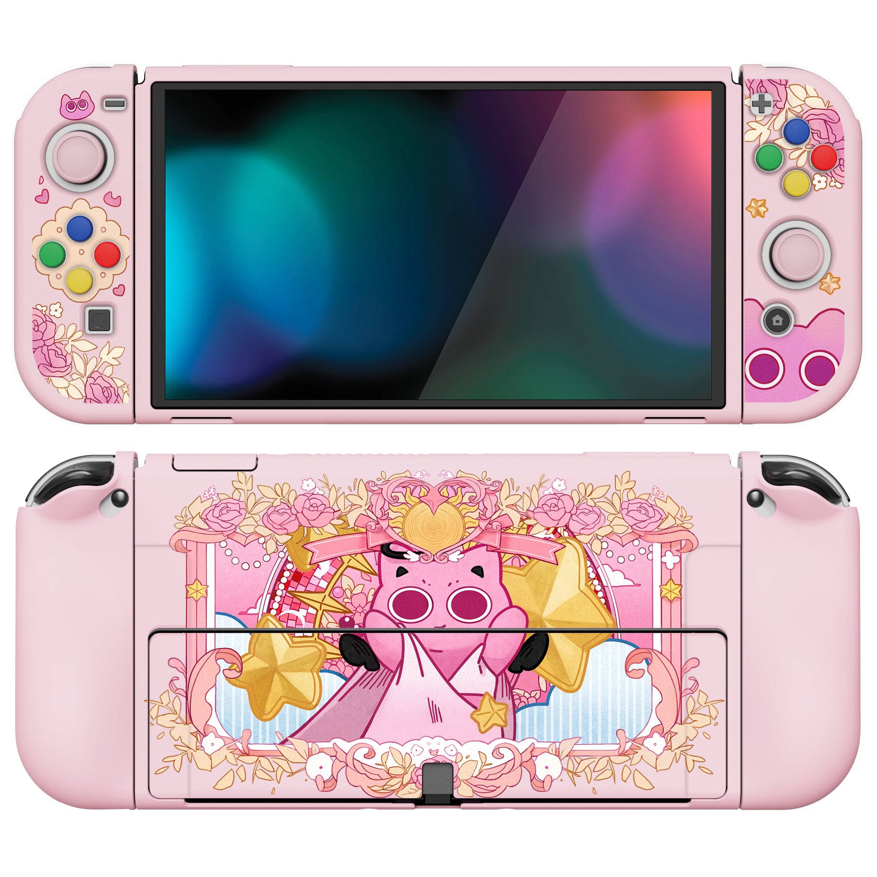 PlayVital ZealProtect Soft TPU Slim Protective Case with Thumb Grip Caps & ABXY Direction Button Caps for Nintendo Switch OLED - PP & Pink - XSOYV6057 playvital