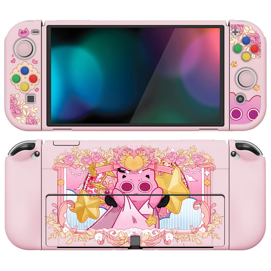 PlayVital ZealProtect Soft TPU Slim Protective Case with Thumb Grip Caps & ABXY Direction Button Caps for Nintendo Switch OLED - PP & Pink - XSOYV6057 playvital