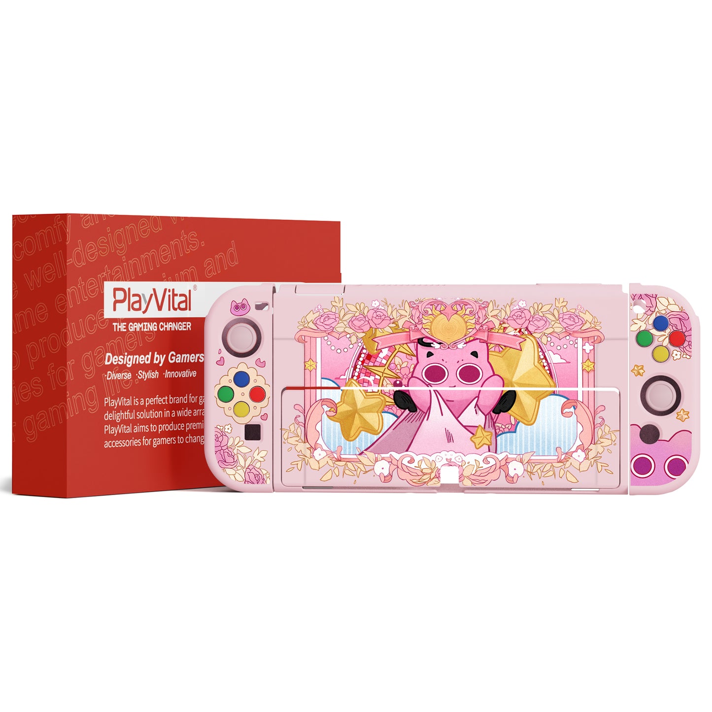 PlayVital ZealProtect Soft TPU Slim Protective Case with Thumb Grip Caps & ABXY Direction Button Caps for Nintendo Switch OLED - PP & Pink - XSOYV6057 playvital