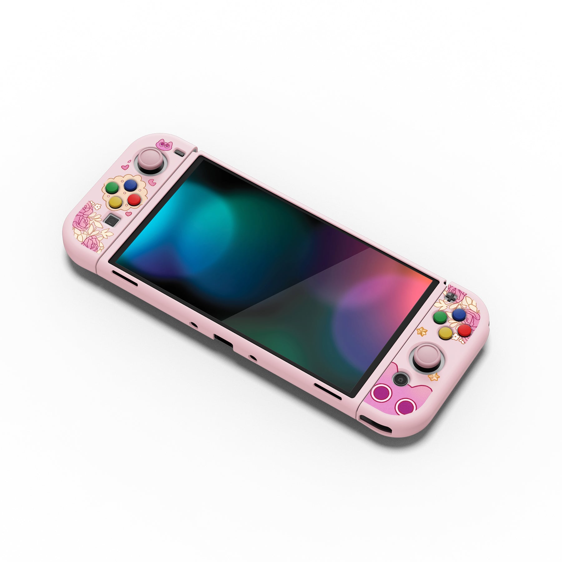 PlayVital ZealProtect Soft TPU Slim Protective Case with Thumb Grip Caps & ABXY Direction Button Caps for Nintendo Switch OLED - PP & Pink - XSOYV6057 playvital