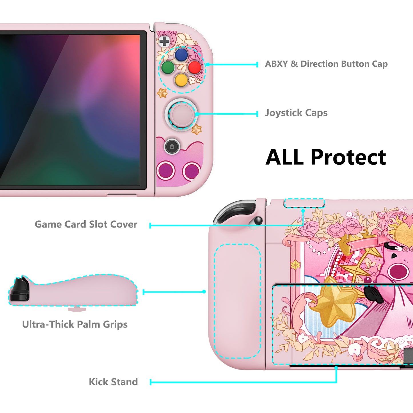 PlayVital ZealProtect Soft TPU Slim Protective Case with Thumb Grip Caps & ABXY Direction Button Caps for Nintendo Switch OLED - PP & Pink - XSOYV6057 playvital