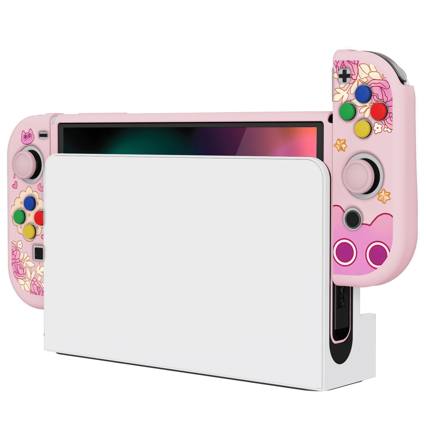 PlayVital ZealProtect Soft TPU Slim Protective Case with Thumb Grip Caps & ABXY Direction Button Caps for Nintendo Switch OLED - PP & Pink - XSOYV6057 playvital