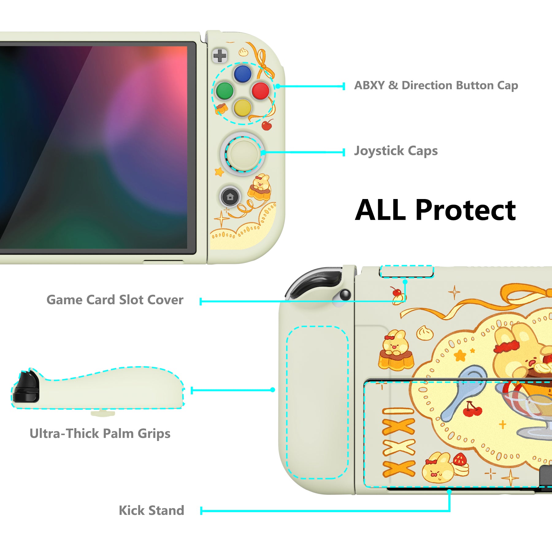 PlayVital ZealProtect Soft TPU Slim Protective Case with Thumb Grip Caps & ABXY Direction Button Caps for Nintendo Switch OLED - Pudding Rabbit - XSOYV6059 playvital