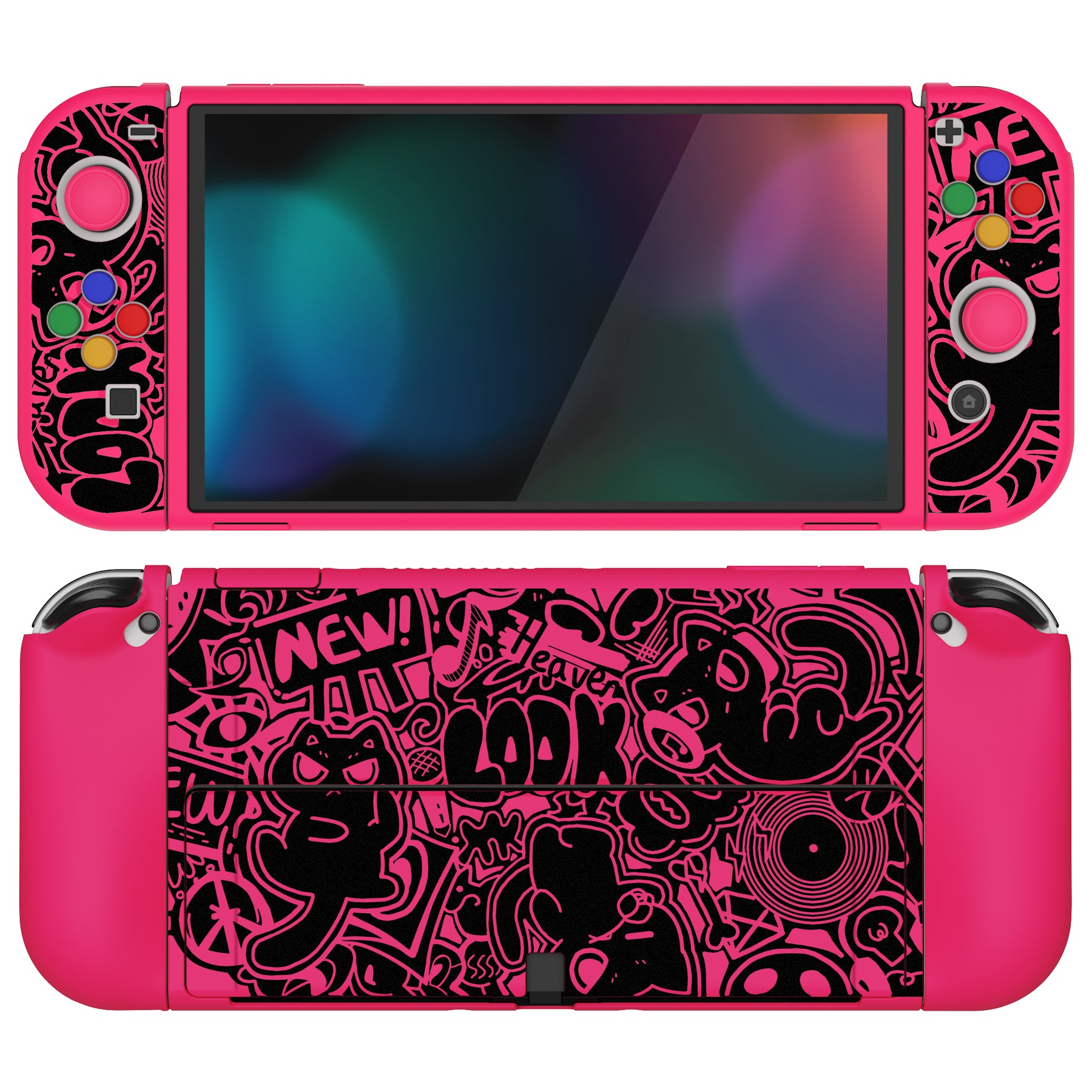 PlayVital ZealProtect Soft TPU Slim Protective Case with Thumb Grip Caps & ABXY Direction Button Caps for Nintendo Switch OLED - VV & Bright Pink playvital