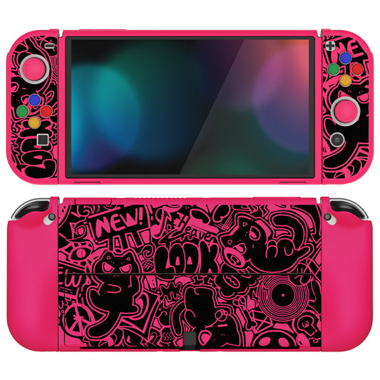 PlayVital ZealProtect Soft TPU Slim Protective Case with Thumb Grip Caps & ABXY Direction Button Caps for Nintendo Switch OLED - VV & Bright Pink playvital