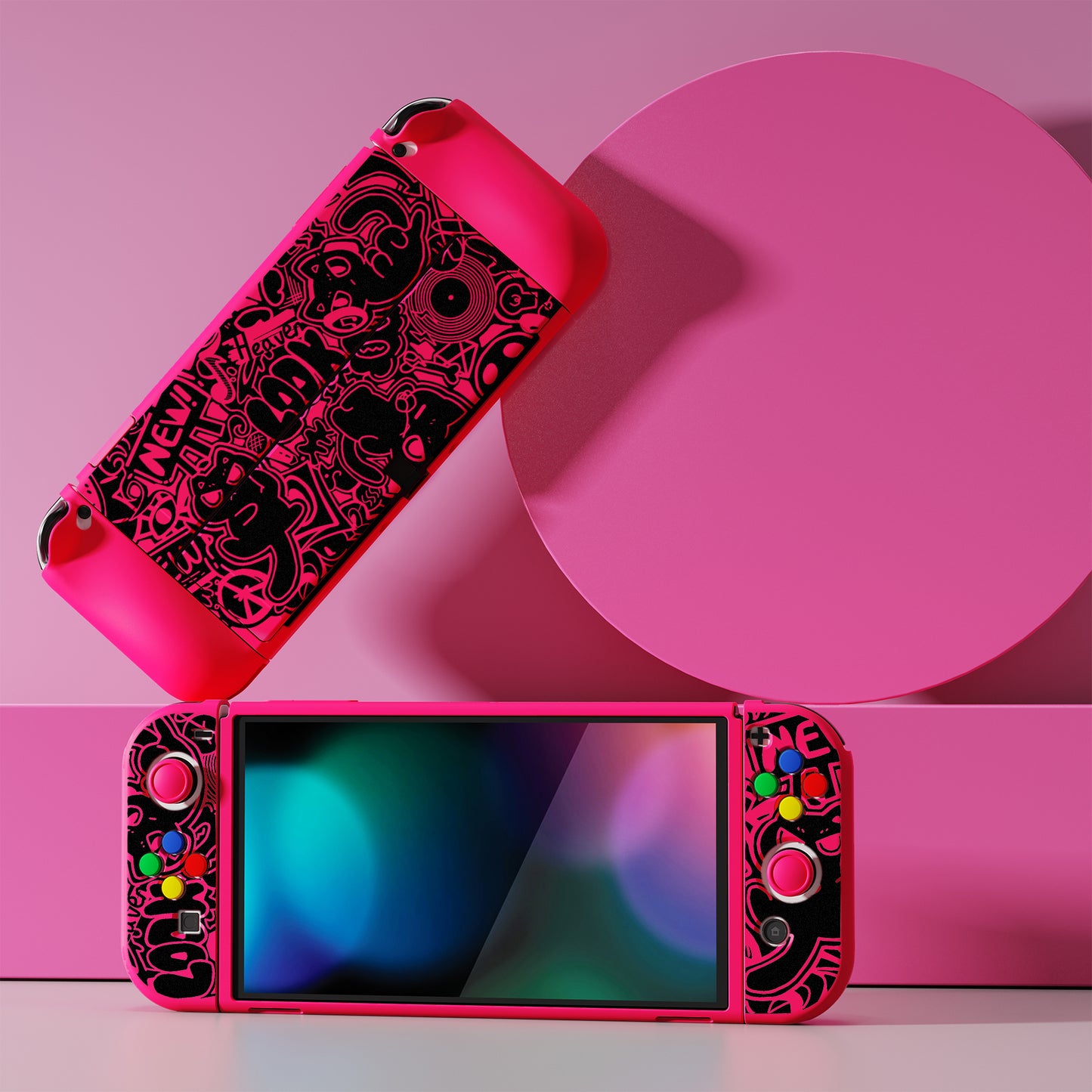 PlayVital ZealProtect Soft TPU Slim Protective Case with Thumb Grip Caps & ABXY Direction Button Caps for Nintendo Switch OLED - VV & Bright Pink playvital