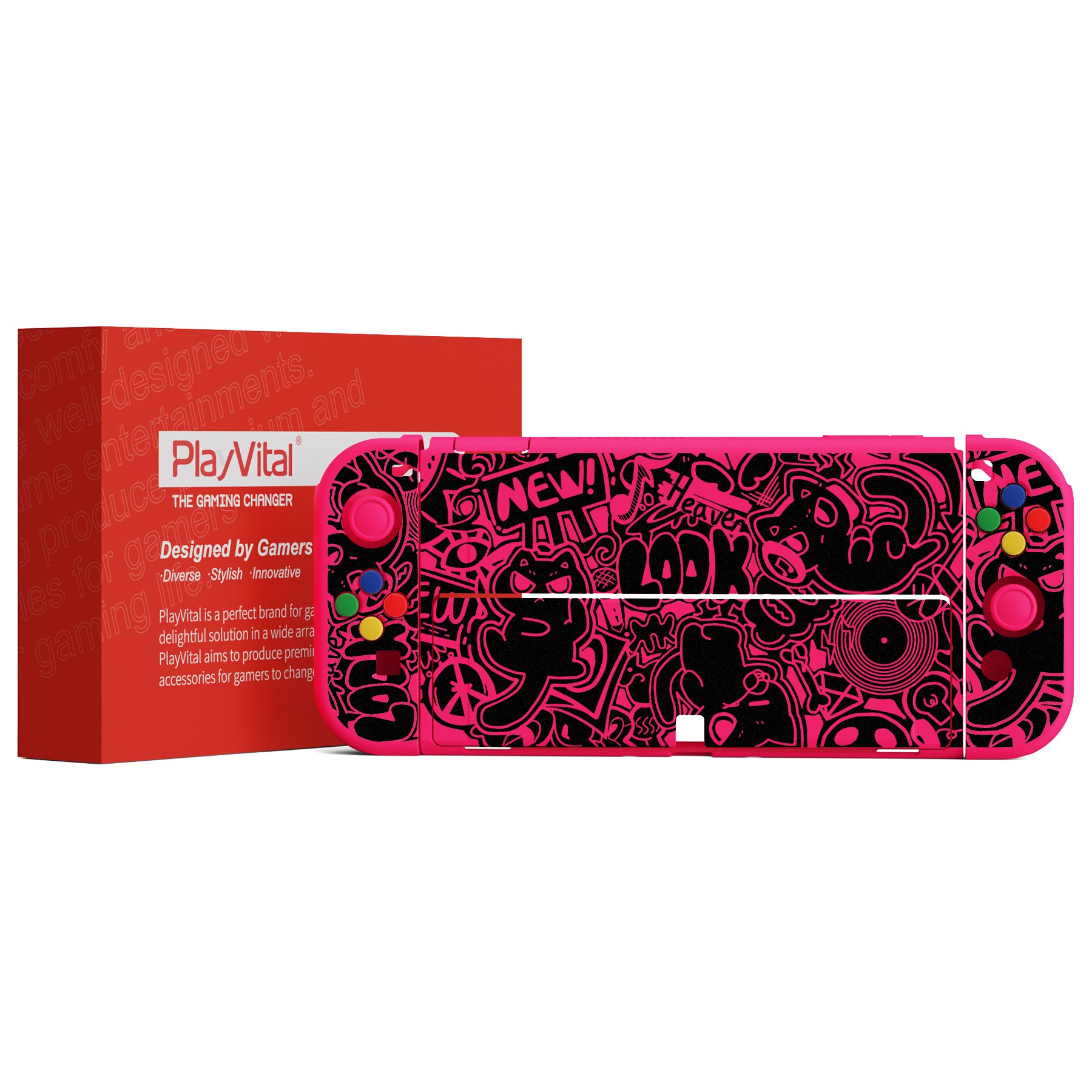 PlayVital ZealProtect Soft TPU Slim Protective Case with Thumb Grip Caps & ABXY Direction Button Caps for Nintendo Switch OLED - VV & Bright Pink playvital