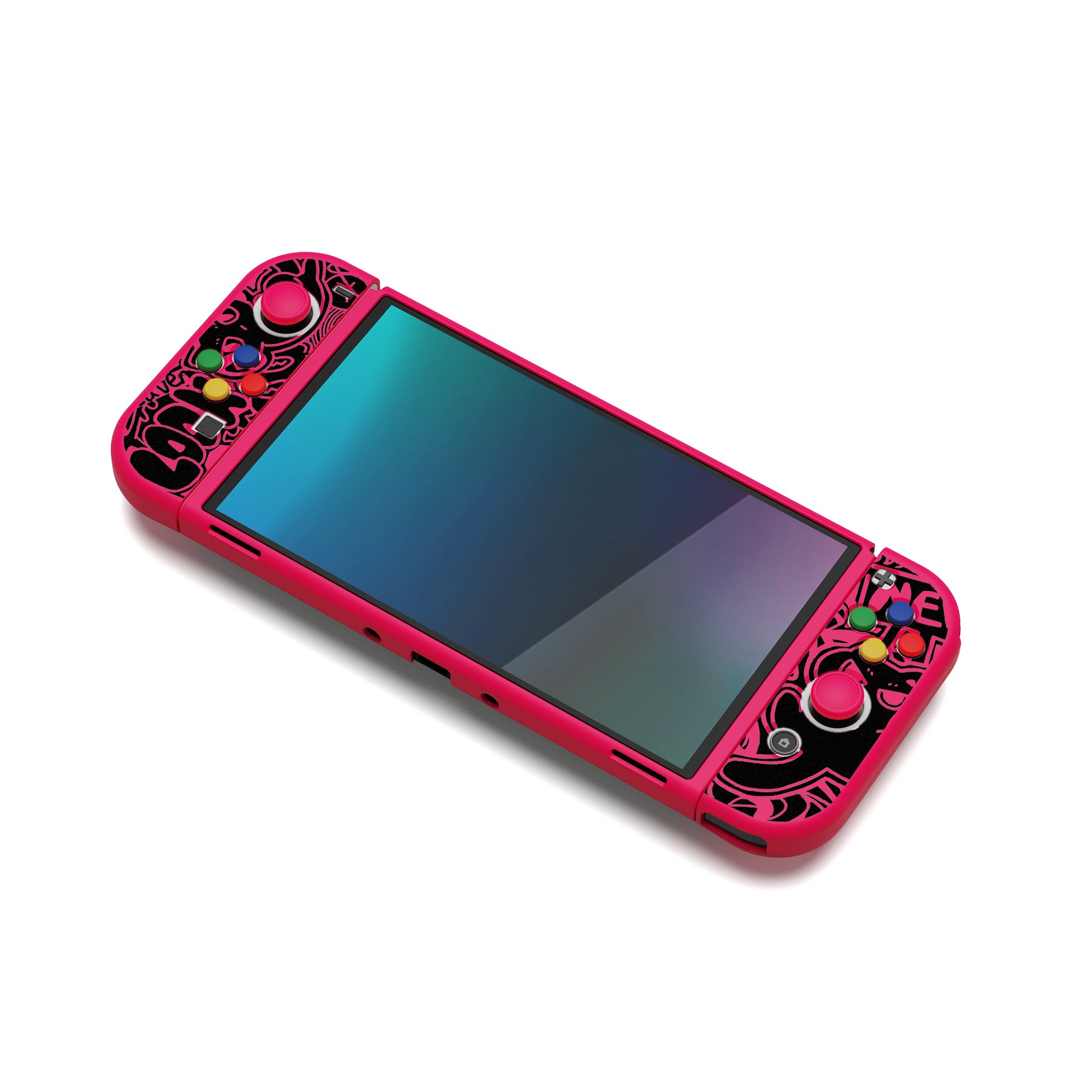 PlayVital ZealProtect Soft TPU Slim Protective Case with Thumb Grip Caps & ABXY Direction Button Caps for Nintendo Switch OLED - VV & Bright Pink playvital