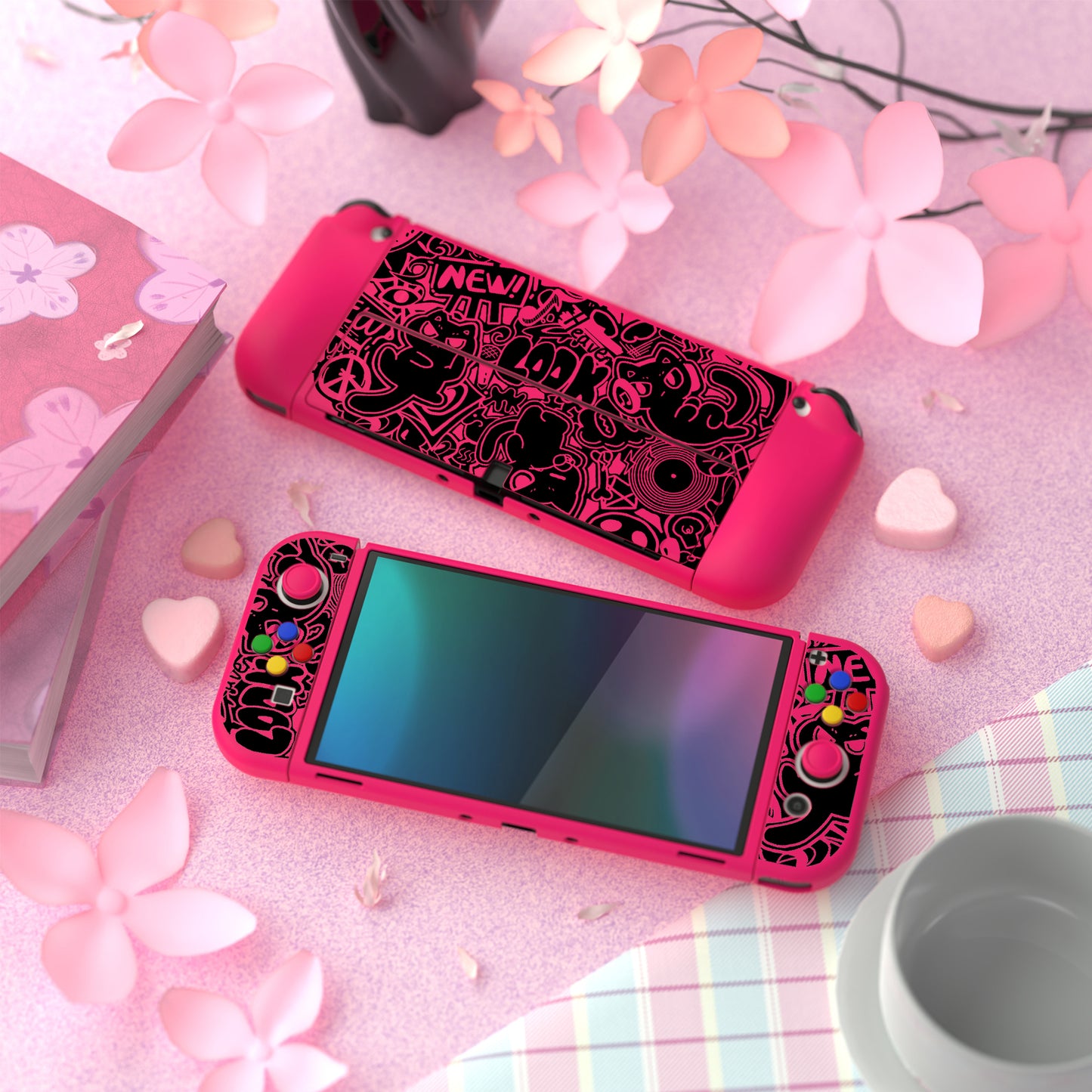 PlayVital ZealProtect Soft TPU Slim Protective Case with Thumb Grip Caps & ABXY Direction Button Caps for Nintendo Switch OLED - VV & Bright Pink playvital