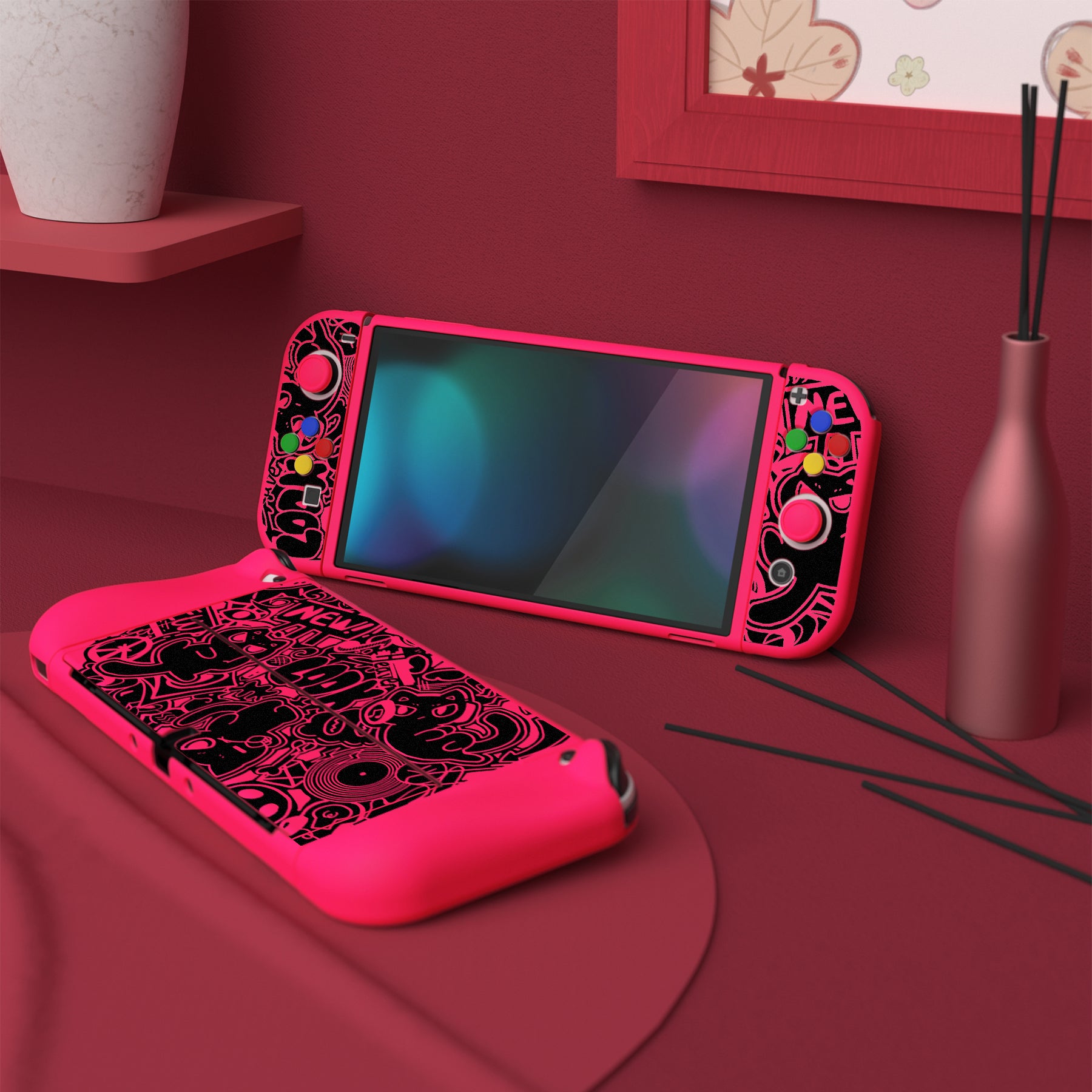 PlayVital ZealProtect Soft TPU Slim Protective Case with Thumb Grip Caps & ABXY Direction Button Caps for Nintendo Switch OLED - VV & Bright Pink playvital