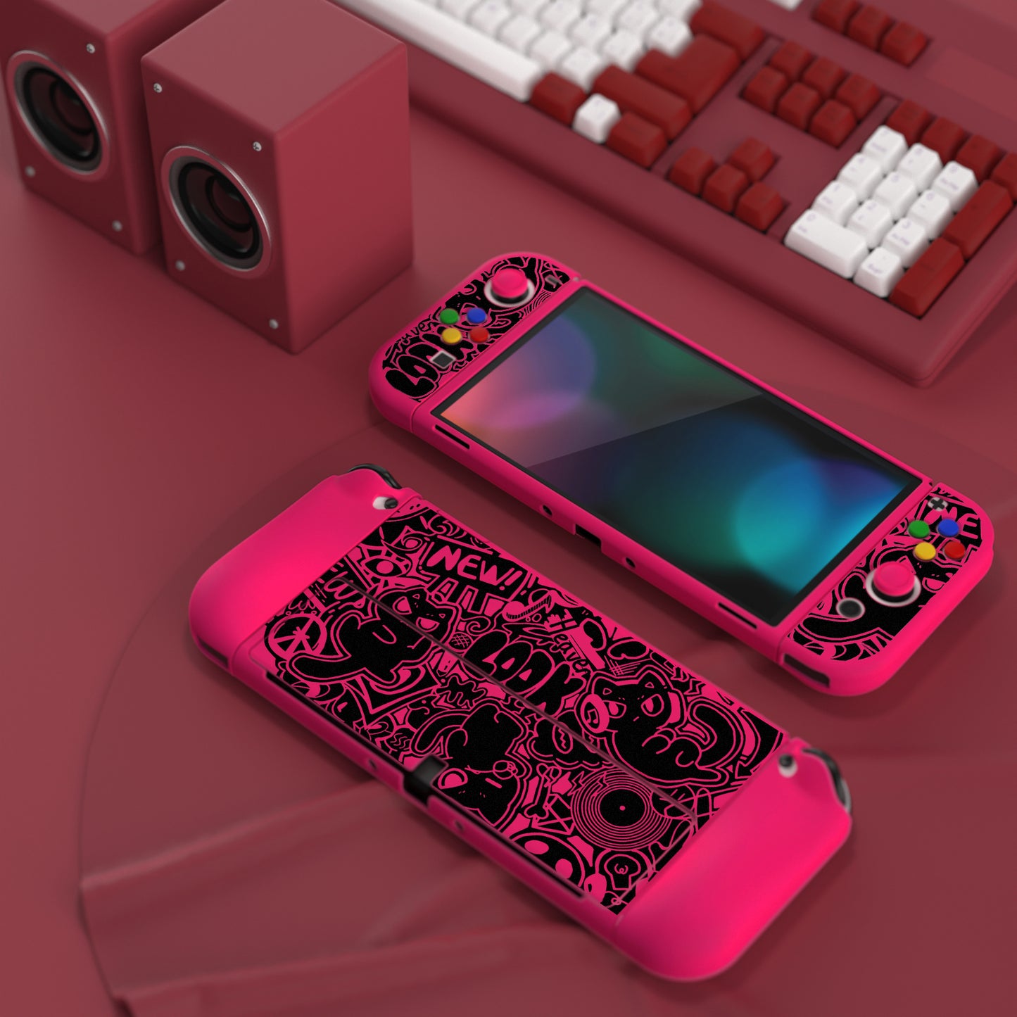 PlayVital ZealProtect Soft TPU Slim Protective Case with Thumb Grip Caps & ABXY Direction Button Caps for Nintendo Switch OLED - VV & Bright Pink playvital