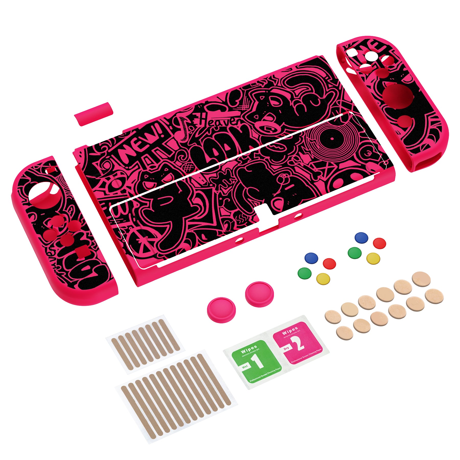 PlayVital ZealProtect Soft TPU Slim Protective Case with Thumb Grip Caps & ABXY Direction Button Caps for Nintendo Switch OLED - VV & Bright Pink playvital