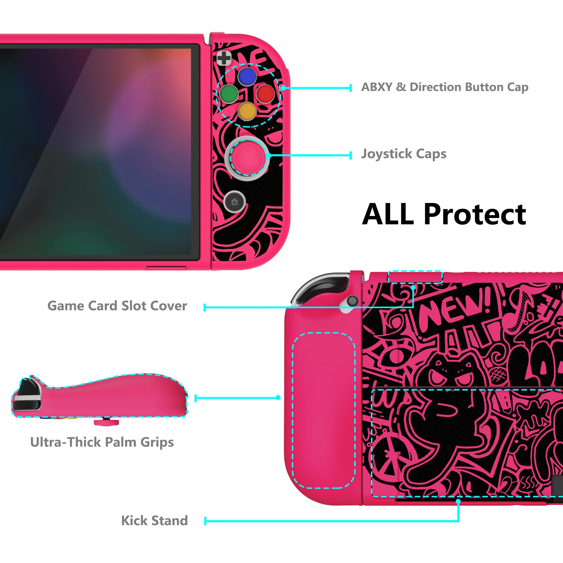 PlayVital ZealProtect Soft TPU Slim Protective Case with Thumb Grip Caps & ABXY Direction Button Caps for Nintendo Switch OLED - VV & Bright Pink playvital