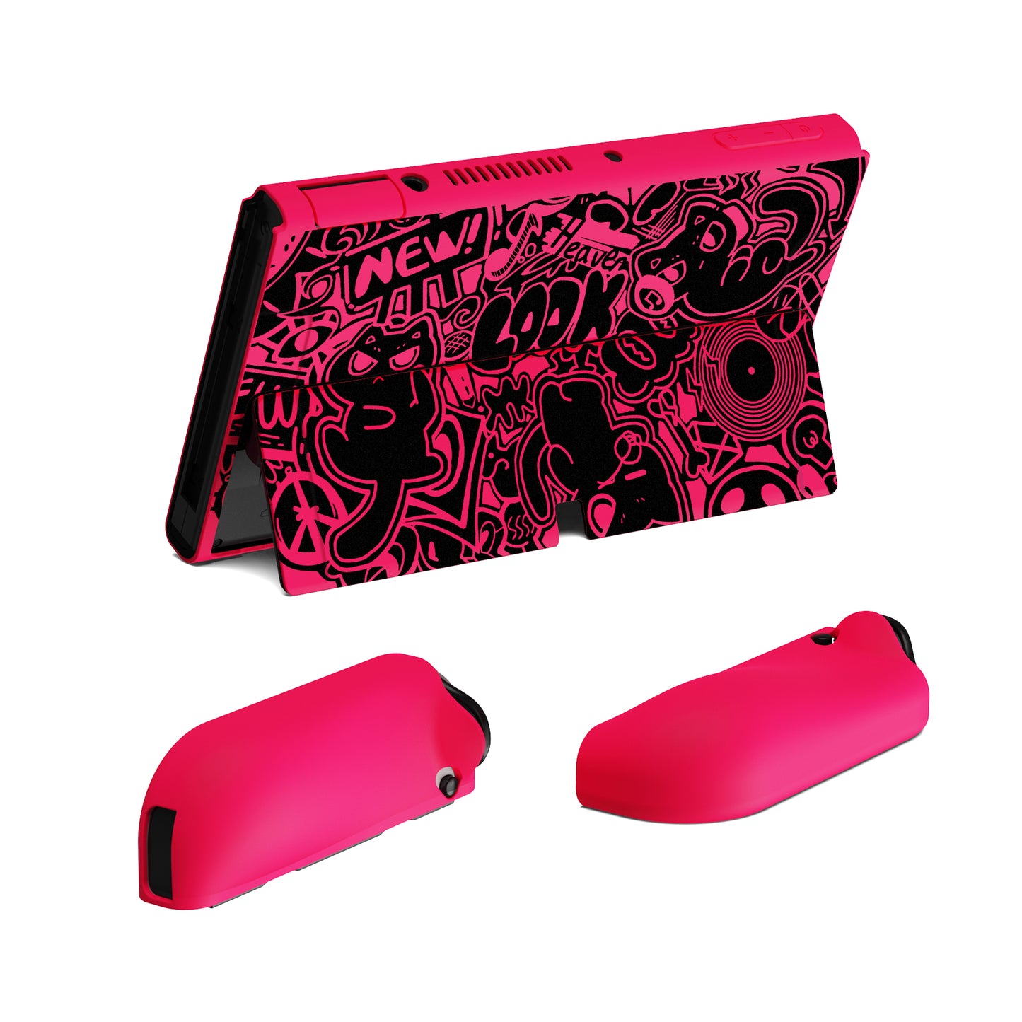 PlayVital ZealProtect Soft TPU Slim Protective Case with Thumb Grip Caps & ABXY Direction Button Caps for Nintendo Switch OLED - VV & Bright Pink playvital