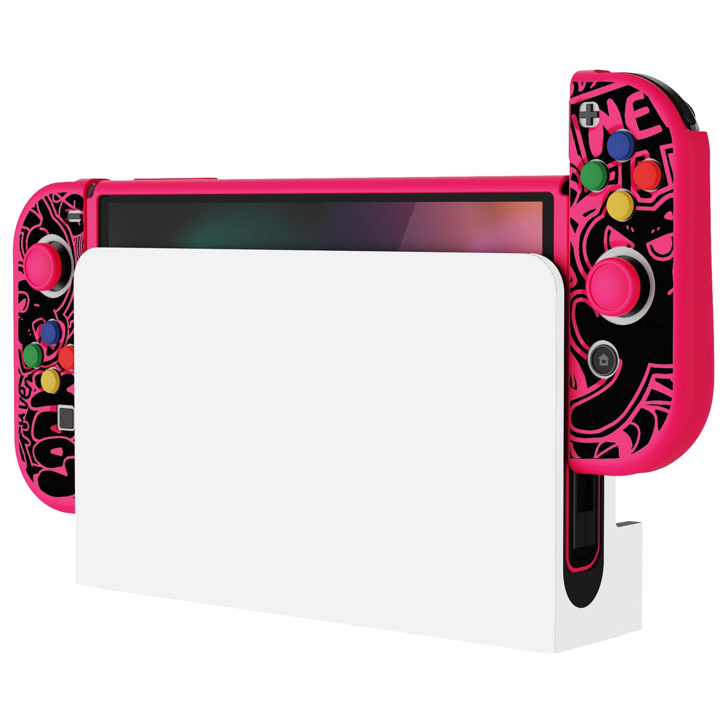 PlayVital ZealProtect Soft TPU Slim Protective Case with Thumb Grip Caps & ABXY Direction Button Caps for Nintendo Switch OLED - VV & Bright Pink playvital