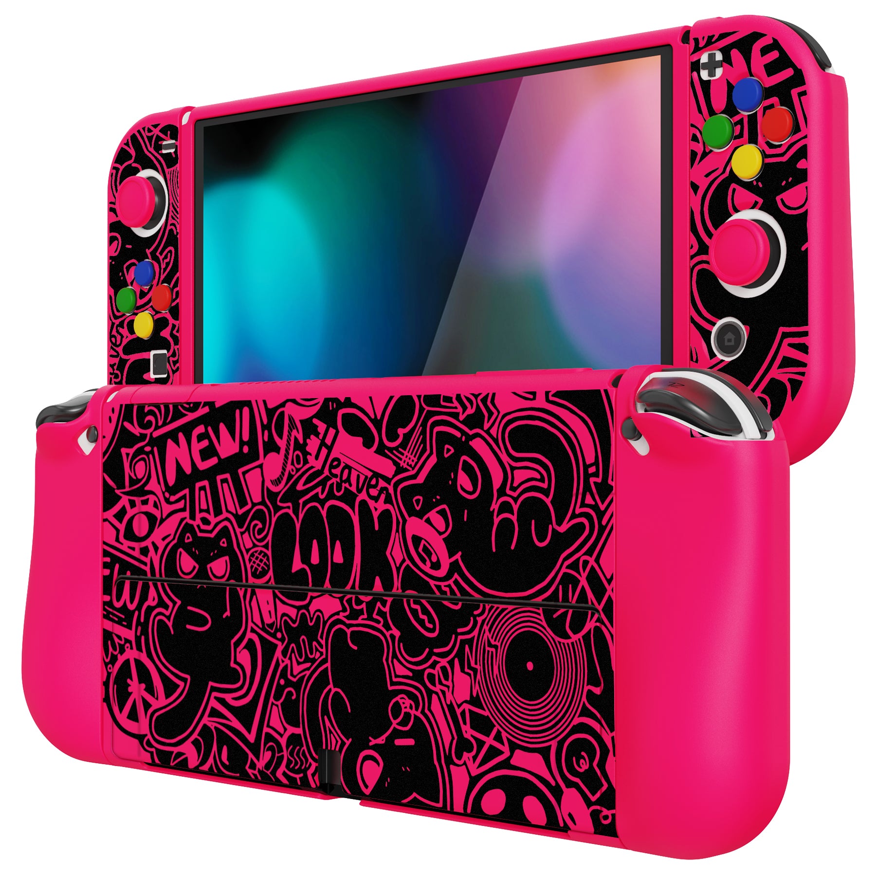 PlayVital ZealProtect Soft TPU Slim Protective Case with Thumb Grip Caps & ABXY Direction Button Caps for Nintendo Switch OLED - VV & Bright Pink playvital