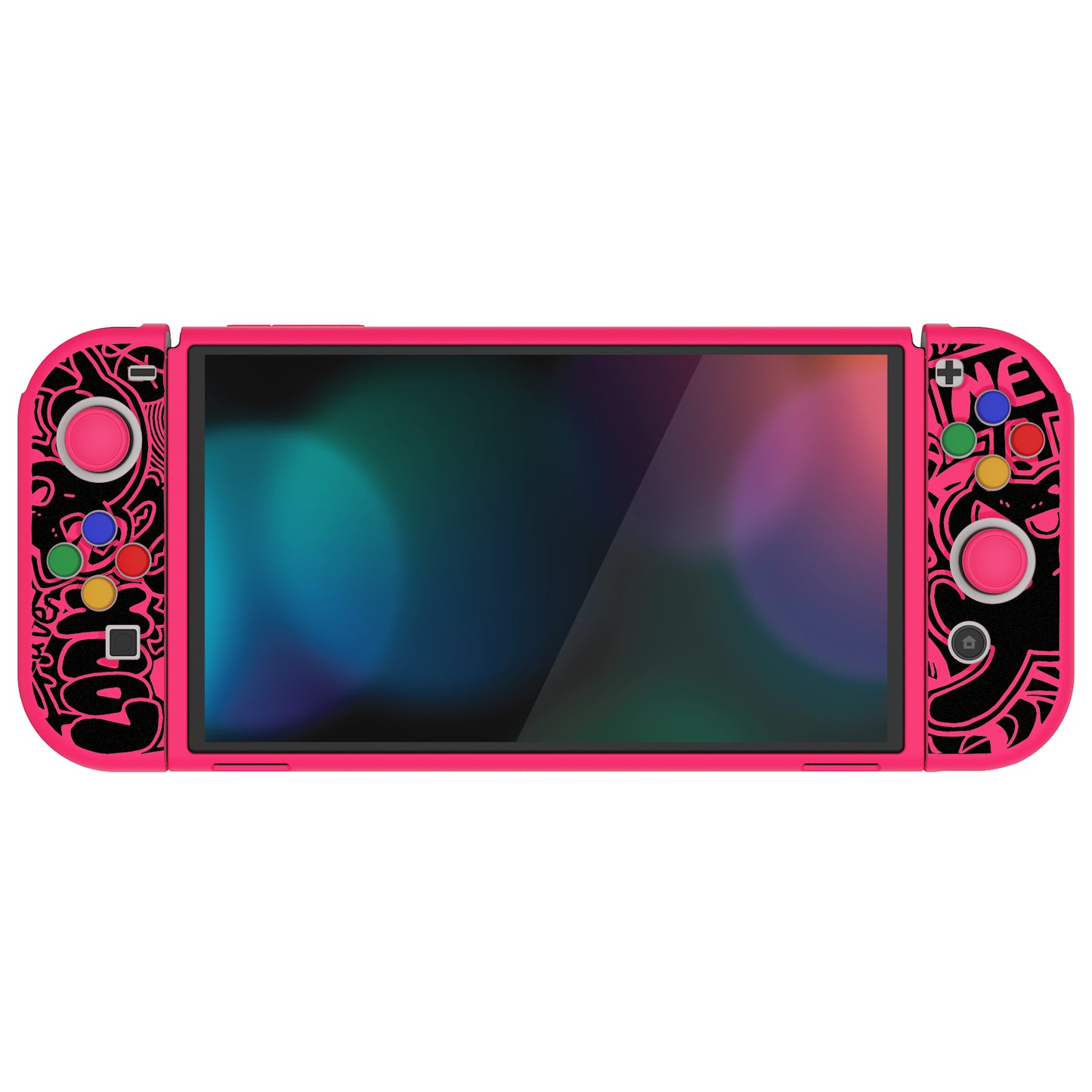 PlayVital ZealProtect Soft TPU Slim Protective Case with Thumb Grip Caps & ABXY Direction Button Caps for Nintendo Switch OLED - VV & Bright Pink playvital