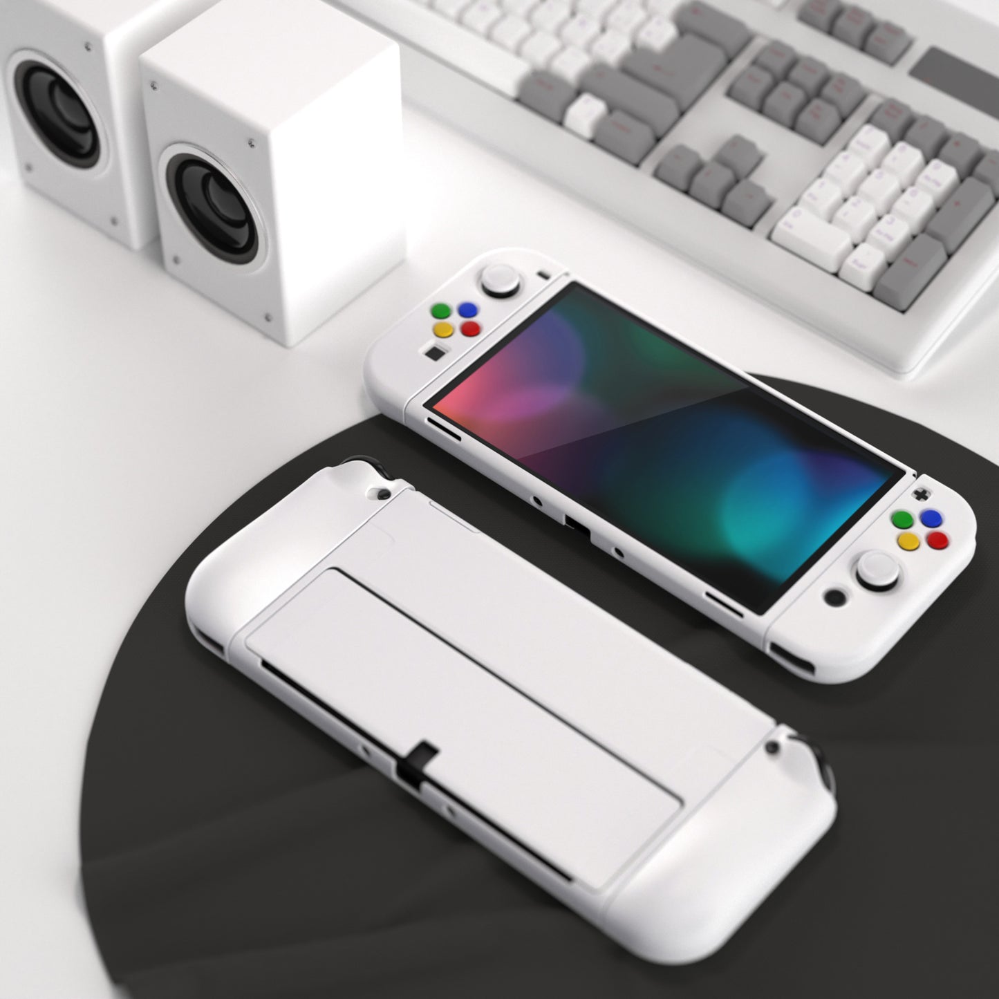 PlayVital ZealProtect Soft TPU Slim Protective Case with Thumb Grip Caps & ABXY Direction Button Caps for Nintendo Switch OLED - White playvital