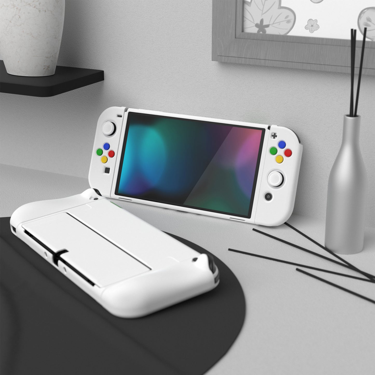 PlayVital ZealProtect Soft TPU Slim Protective Case with Thumb Grip Caps & ABXY Direction Button Caps for Nintendo Switch OLED - White playvital