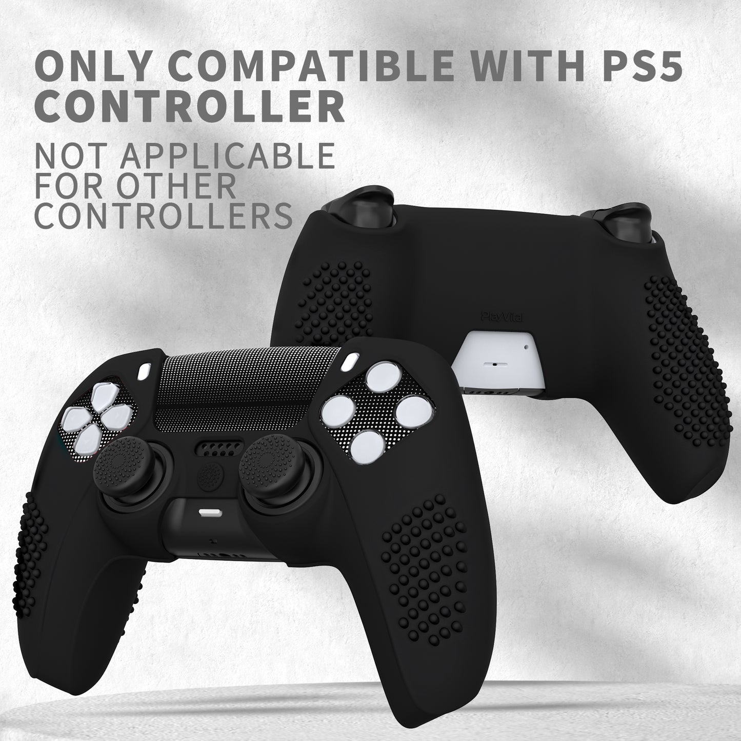 PlayVital 2 Set Upgraded 3D Studded Edition Anti-Slip Silicone Cover Skin with 6 Thumb Grips & 2 Stickers for PS5 Controller, Compatible with Charging Dock - Black PlayVital