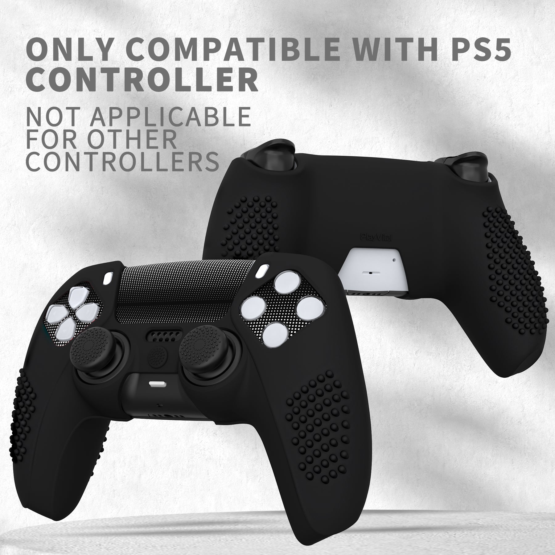 PlayVital 2 Set Upgraded 3D Studded Edition Anti-Slip Silicone Cover Skin with 6 Thumb Grips & 2 Stickers for PS5 Controller, Compatible with Charging Dock - Black PlayVital