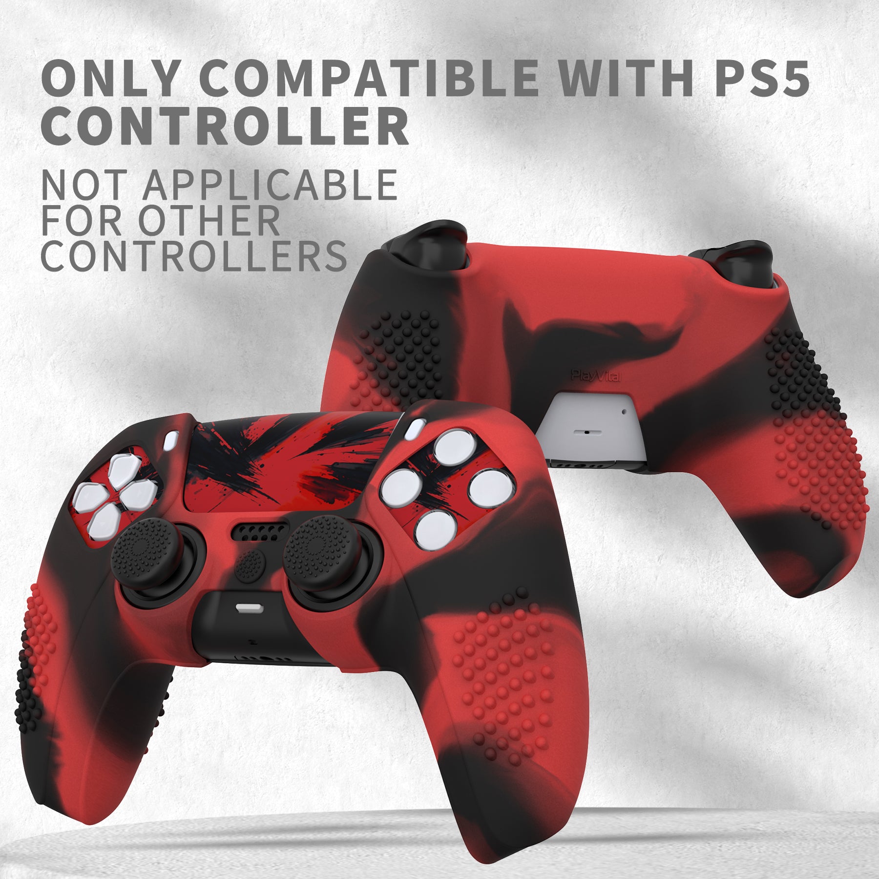 PlayVital 2 Set Upgraded 3D Studded Edition Anti-Slip Silicone Cover Skin with 6 Thumb Grips & 2 Stickers for PS5 Controller, Compatible with Charging Dock - Red & Black PlayVital
