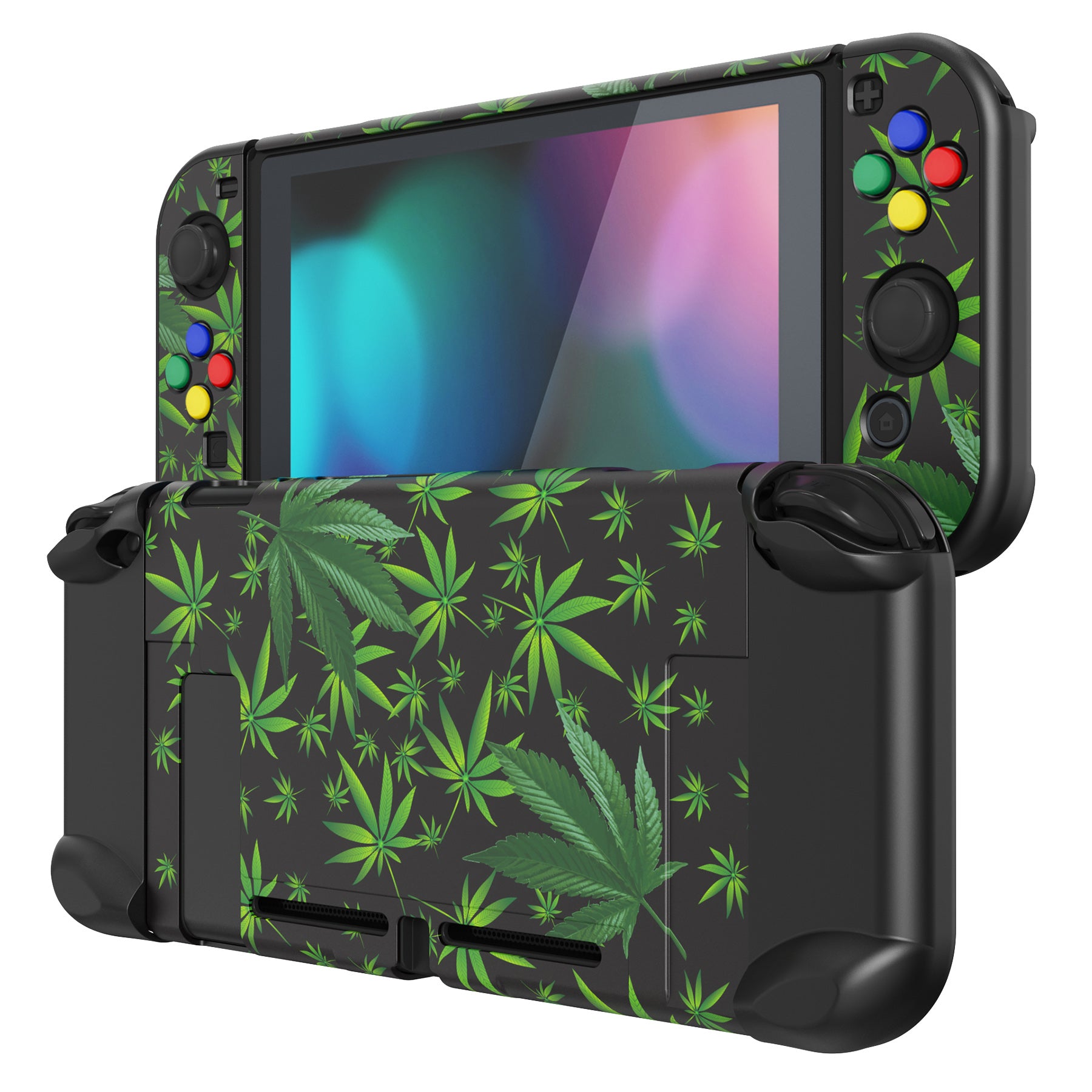PlayVital Customized Dockable Hard Shell Protective Case with Colorful ABXY Direction Button Caps for Nintendo Switch Console - Green Weeds PlayVital