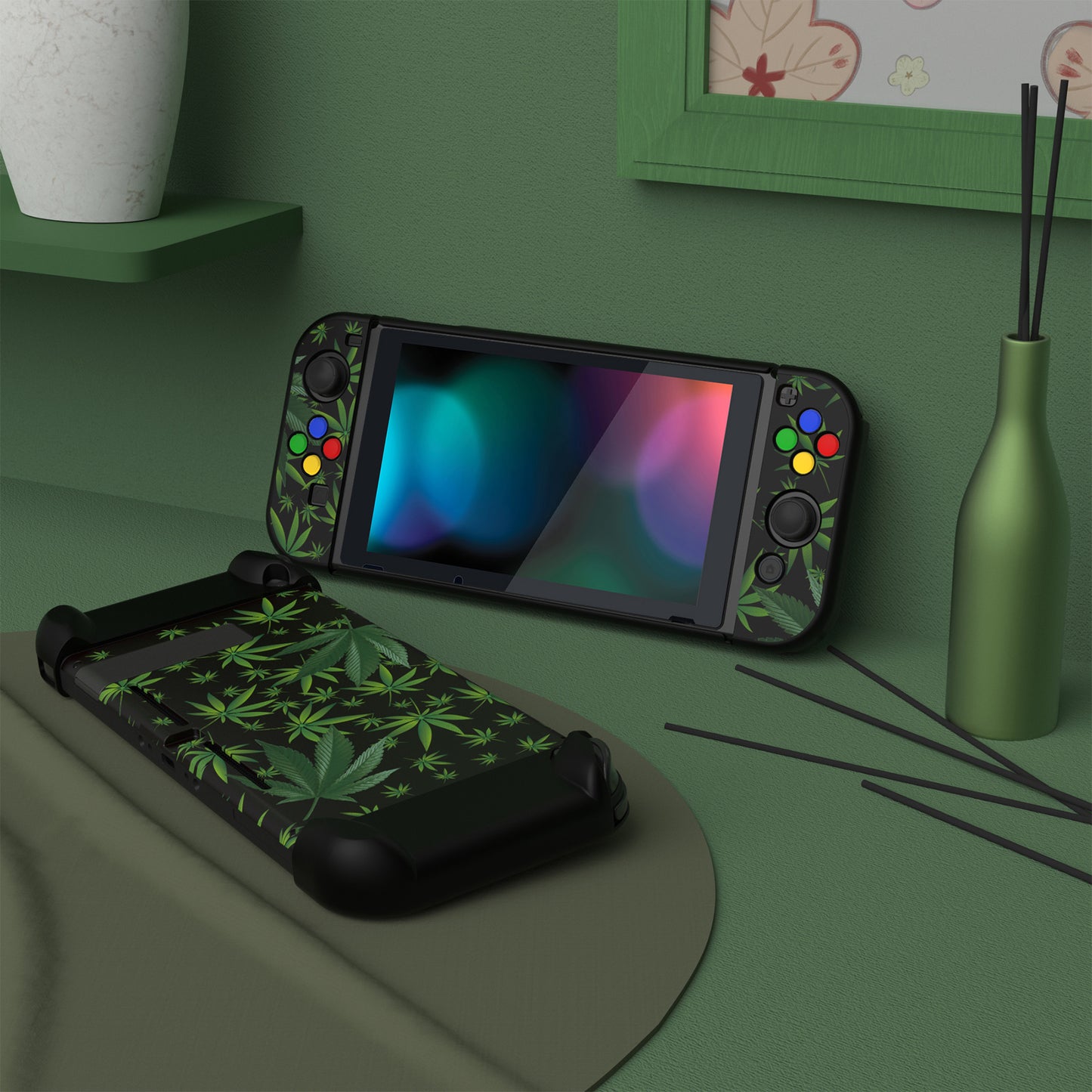 PlayVital Customized Dockable Hard Shell Protective Case with Colorful ABXY Direction Button Caps for Nintendo Switch Console - Green Weeds PlayVital