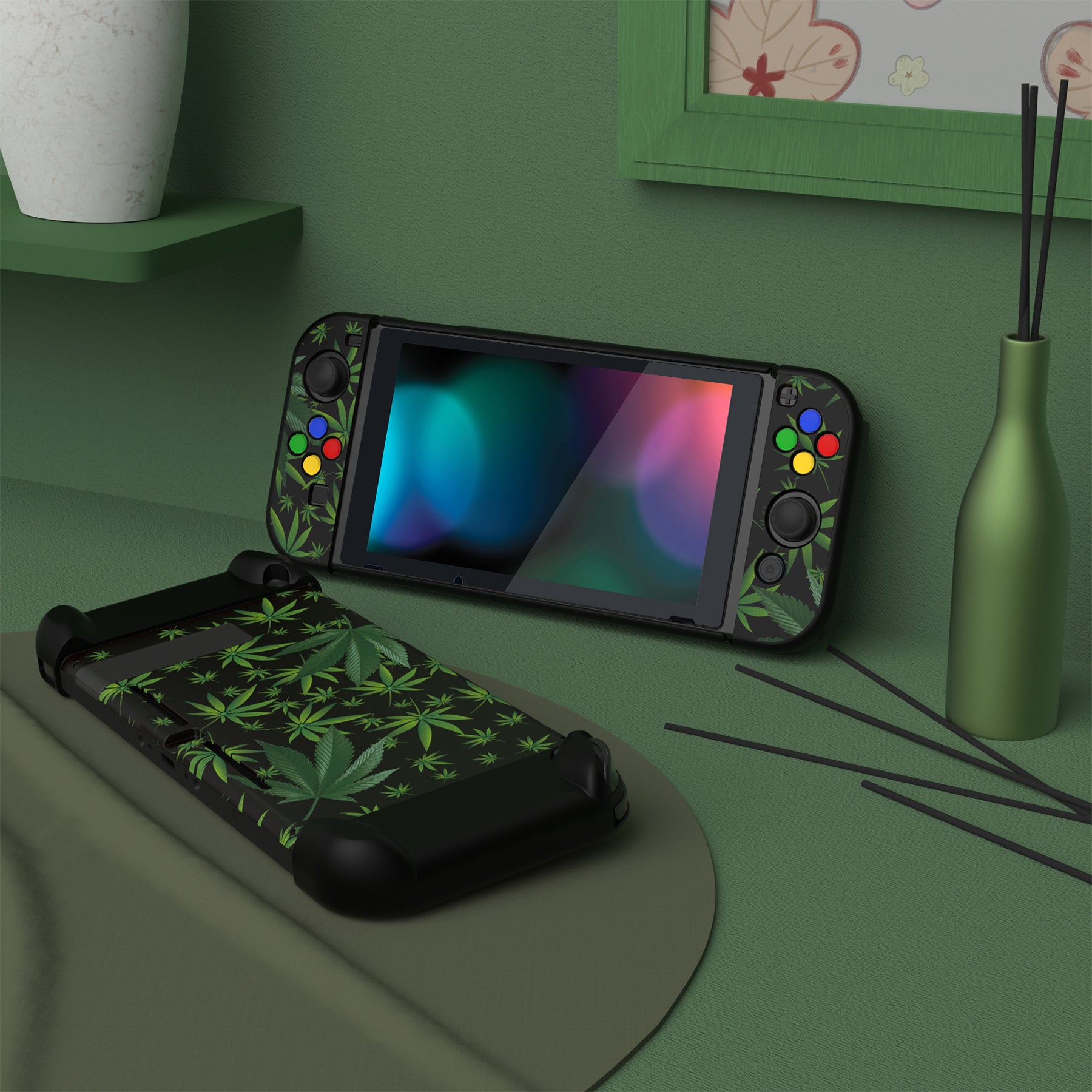 PlayVital Customized Dockable Hard Shell Protective Case with Colorful ABXY Direction Button Caps for Nintendo Switch Console - Green Weeds PlayVital