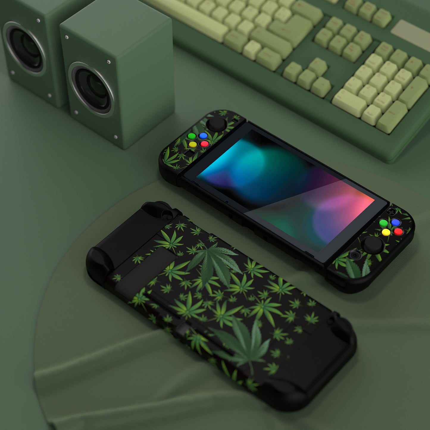 PlayVital Customized Dockable Hard Shell Protective Case with Colorful ABXY Direction Button Caps for Nintendo Switch Console - Green Weeds PlayVital