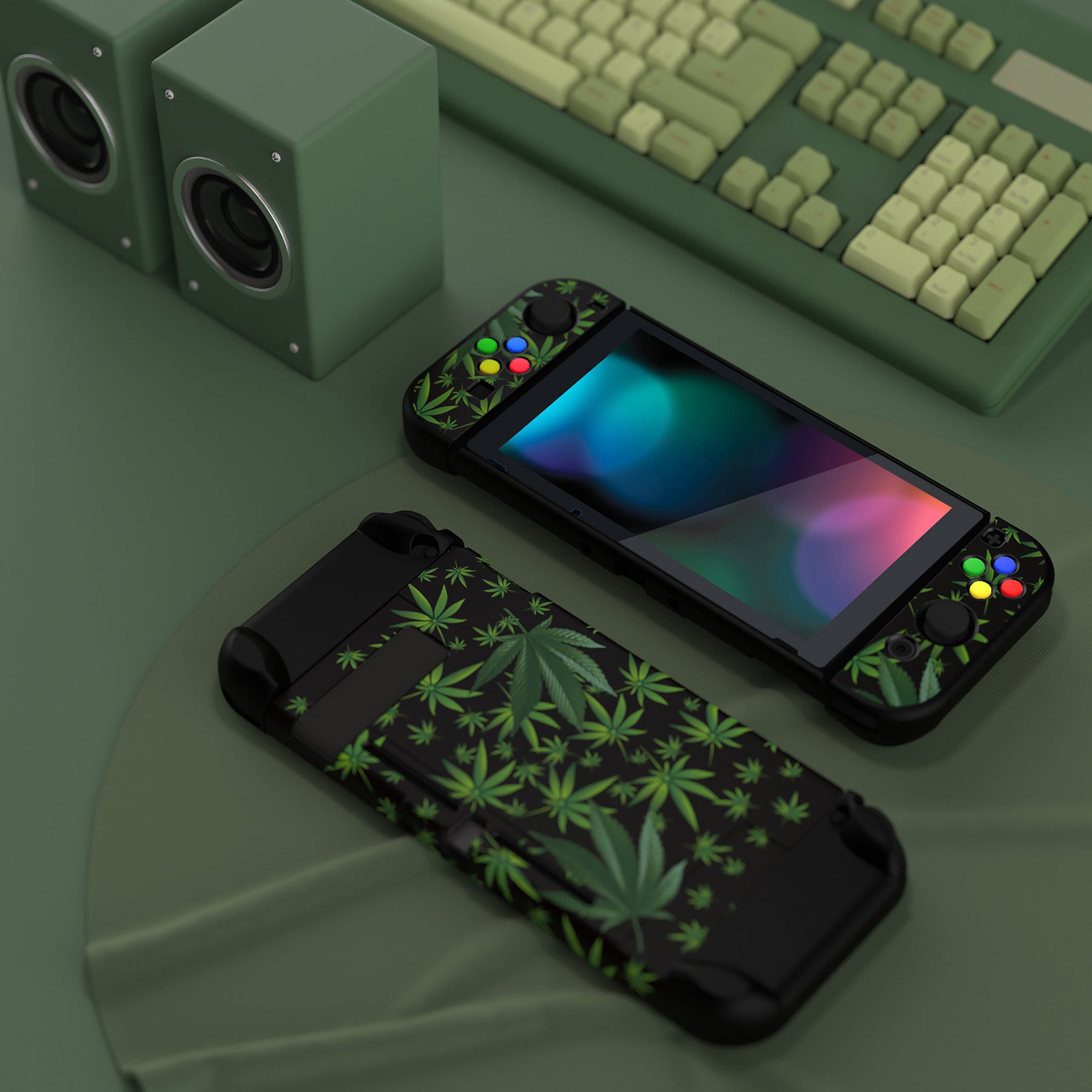 PlayVital Customized Dockable Hard Shell Protective Case with Colorful ABXY Direction Button Caps for Nintendo Switch Console - Green Weeds PlayVital