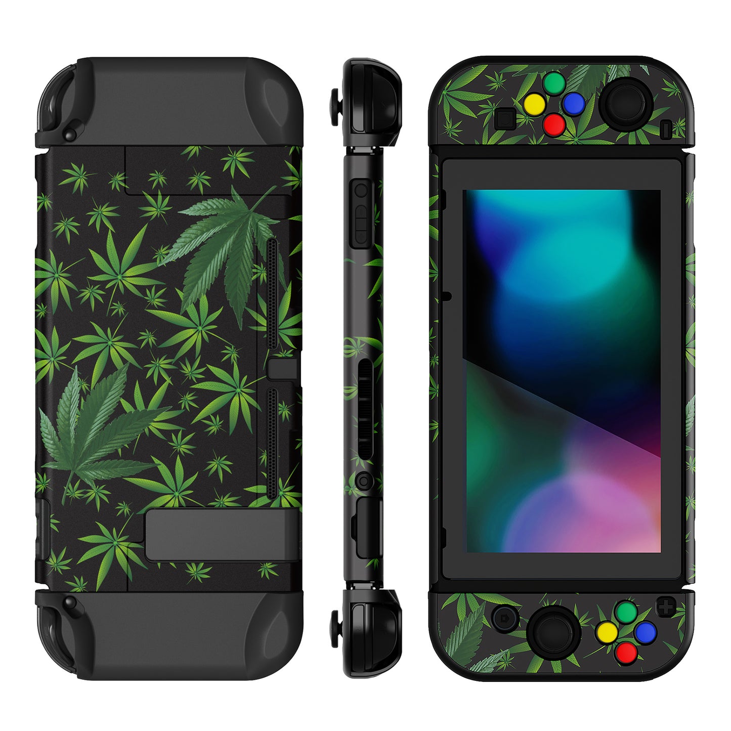 PlayVital Customized Dockable Hard Shell Protective Case with Colorful ABXY Direction Button Caps for Nintendo Switch Console - Green Weeds PlayVital