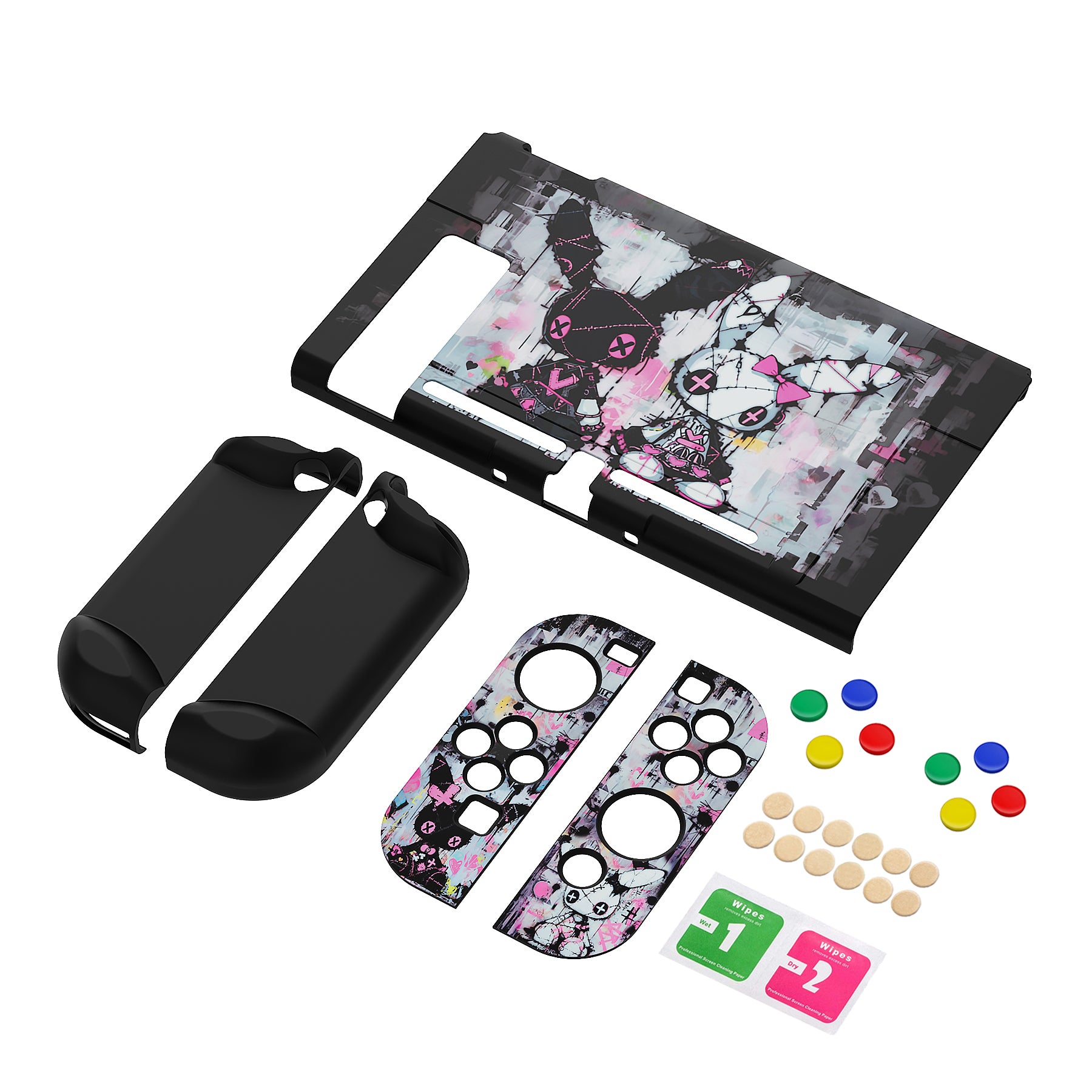 PlayVital Customized Dockable Hard Shell Protective Case with Colorful ABXY Direction Button Caps for Nintendo Switch Console - Lovely Punky Bunny PlayVital