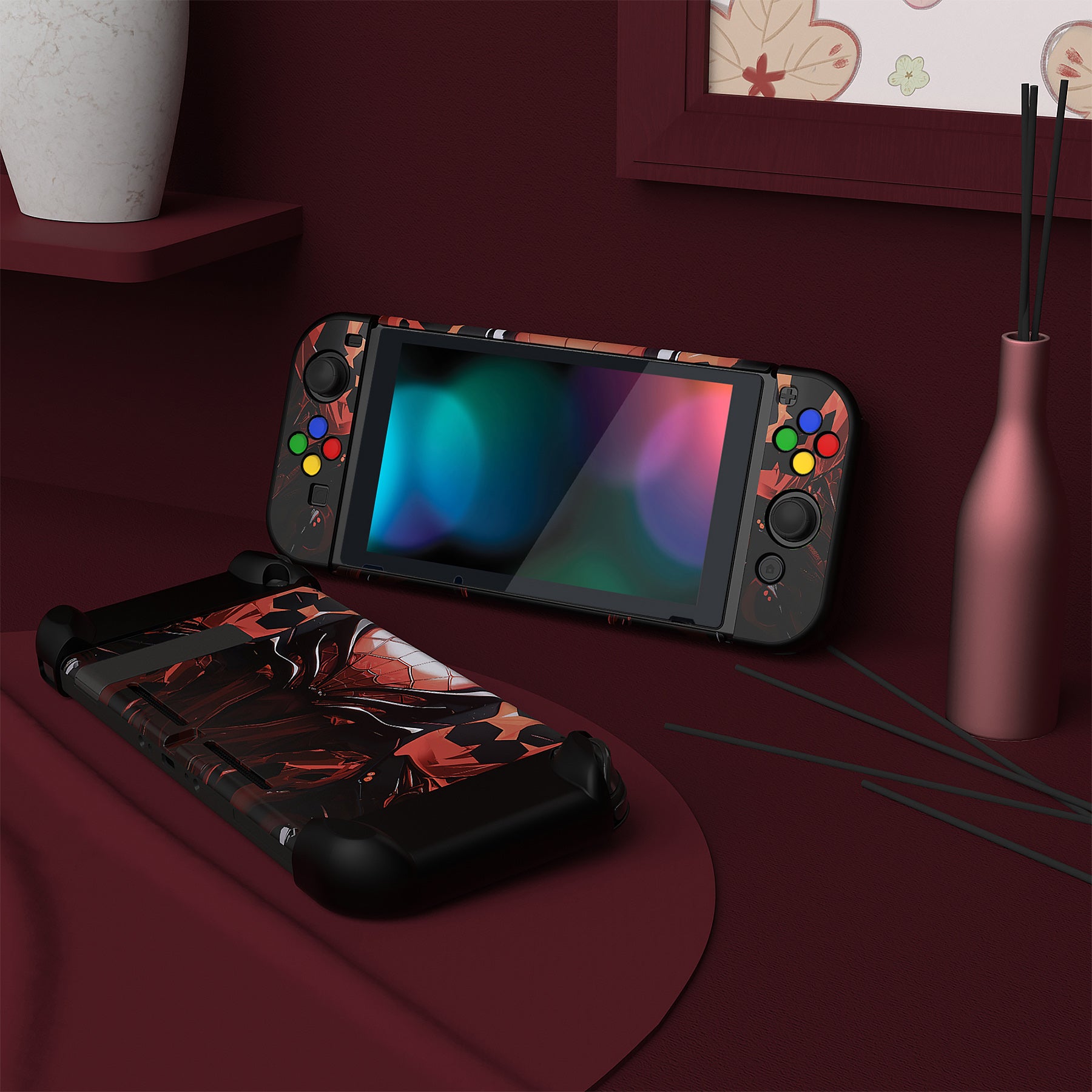 PlayVital Customized Dockable Hard Shell Protective Case with Colorful ABXY Direction Button Caps for Nintendo Switch Console - Spider Armor PlayVital
