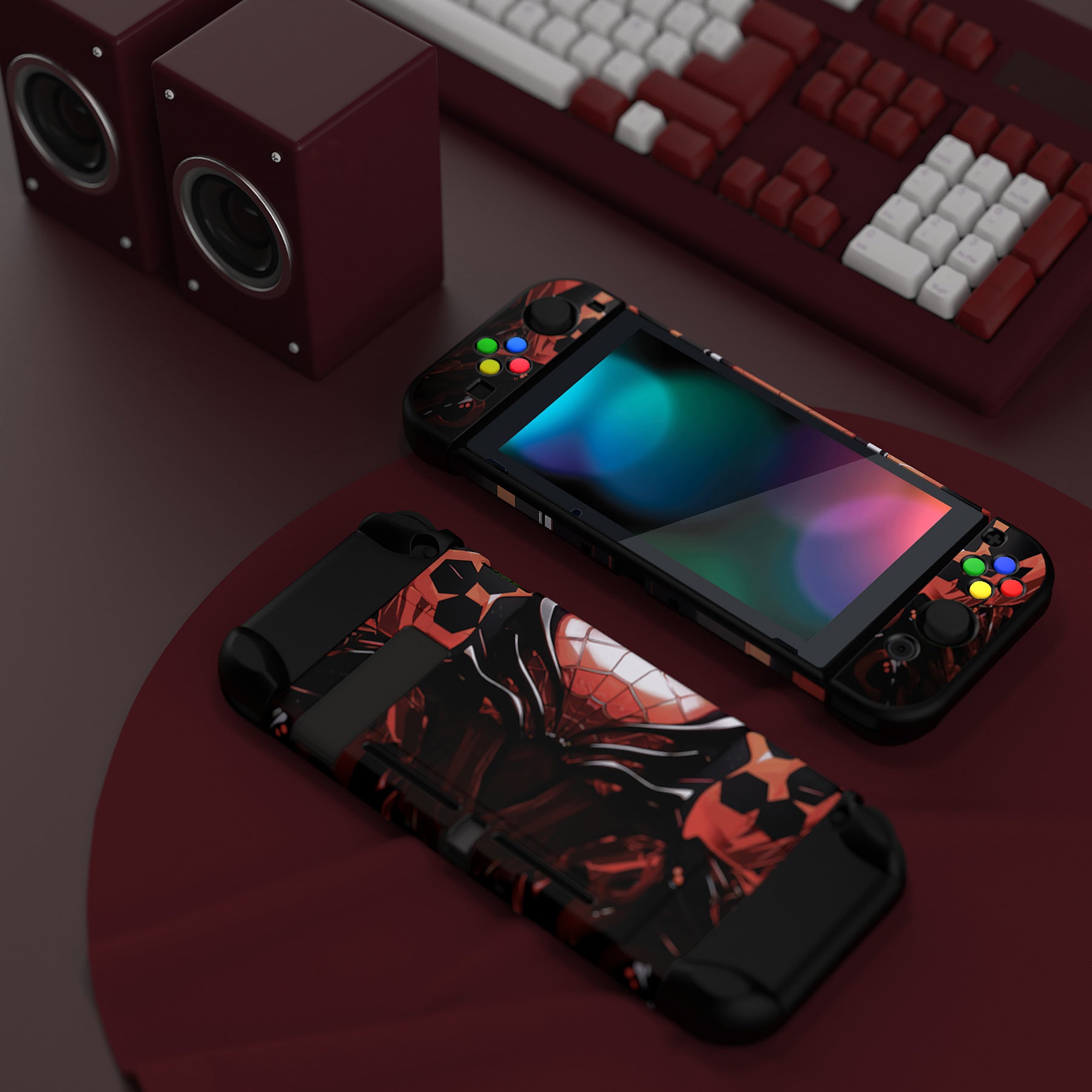 PlayVital Customized Dockable Hard Shell Protective Case with Colorful ABXY Direction Button Caps for Nintendo Switch Console - Spider Armor PlayVital
