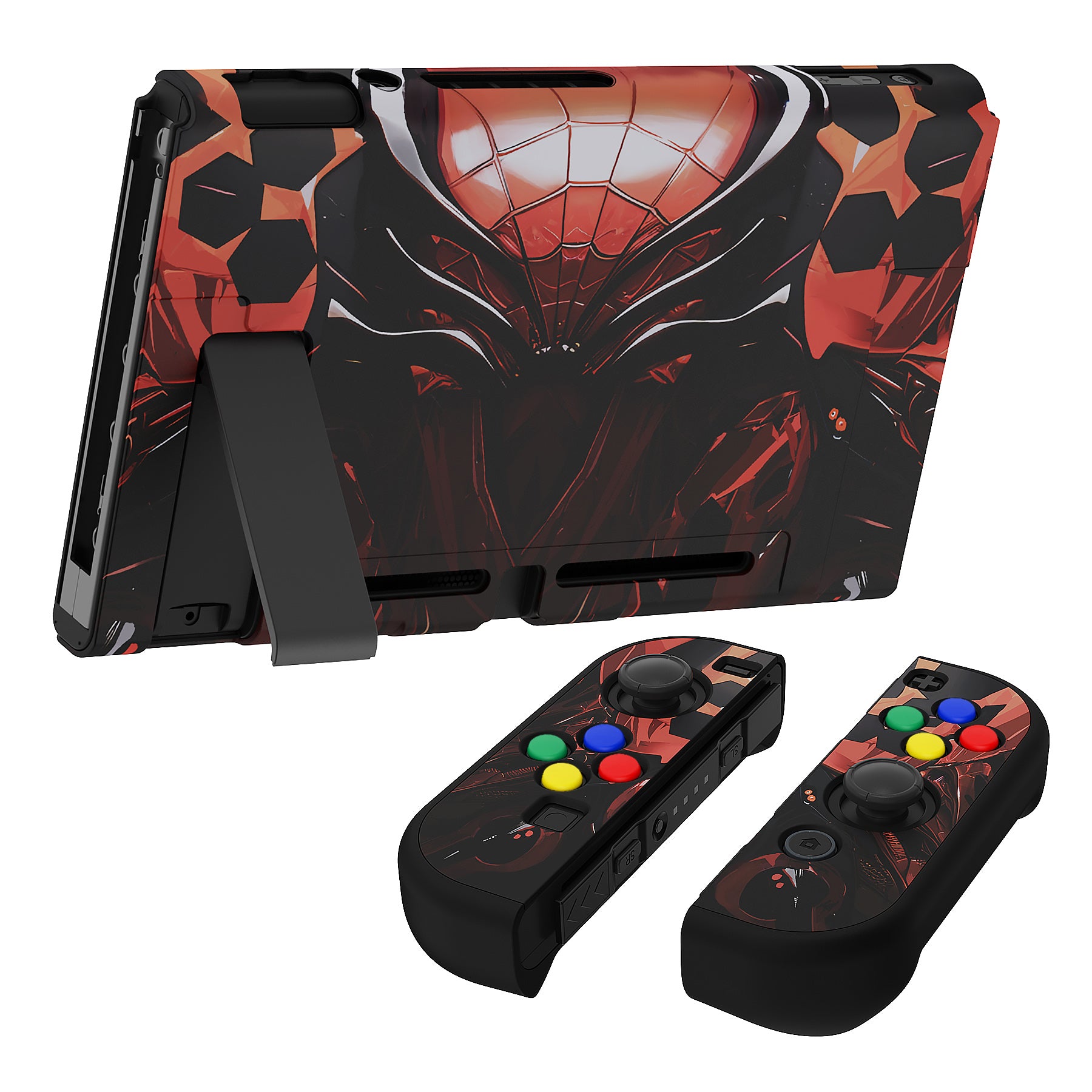 PlayVital Customized Dockable Hard Shell Protective Case with Colorful ABXY Direction Button Caps for Nintendo Switch Console - Spider Armor PlayVital