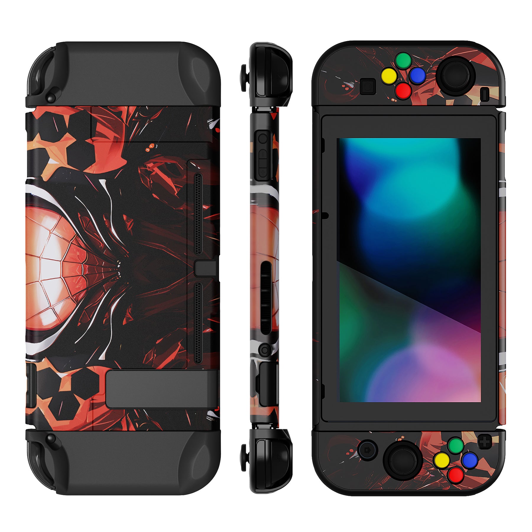 PlayVital Customized Dockable Hard Shell Protective Case with Colorful ABXY Direction Button Caps for Nintendo Switch Console - Spider Armor PlayVital
