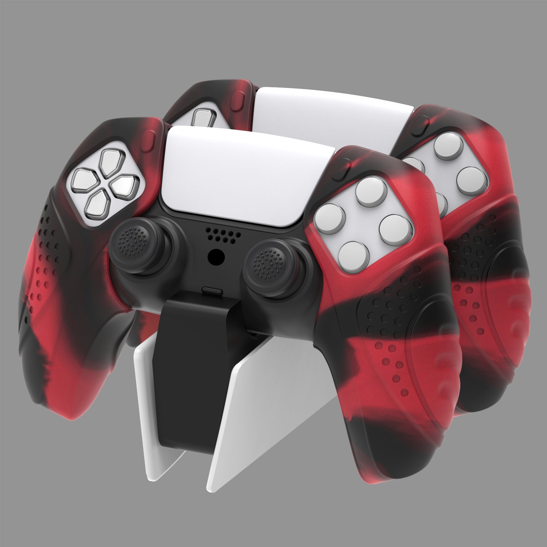 PlayVital Guardian Edition Ergonomic Anti-Slip Silicone Cover Skin with Thumb Grip Caps for PS5 Wireless Controller, Compatible with Charging Station - Red & Black - YHPF028 PlayVital