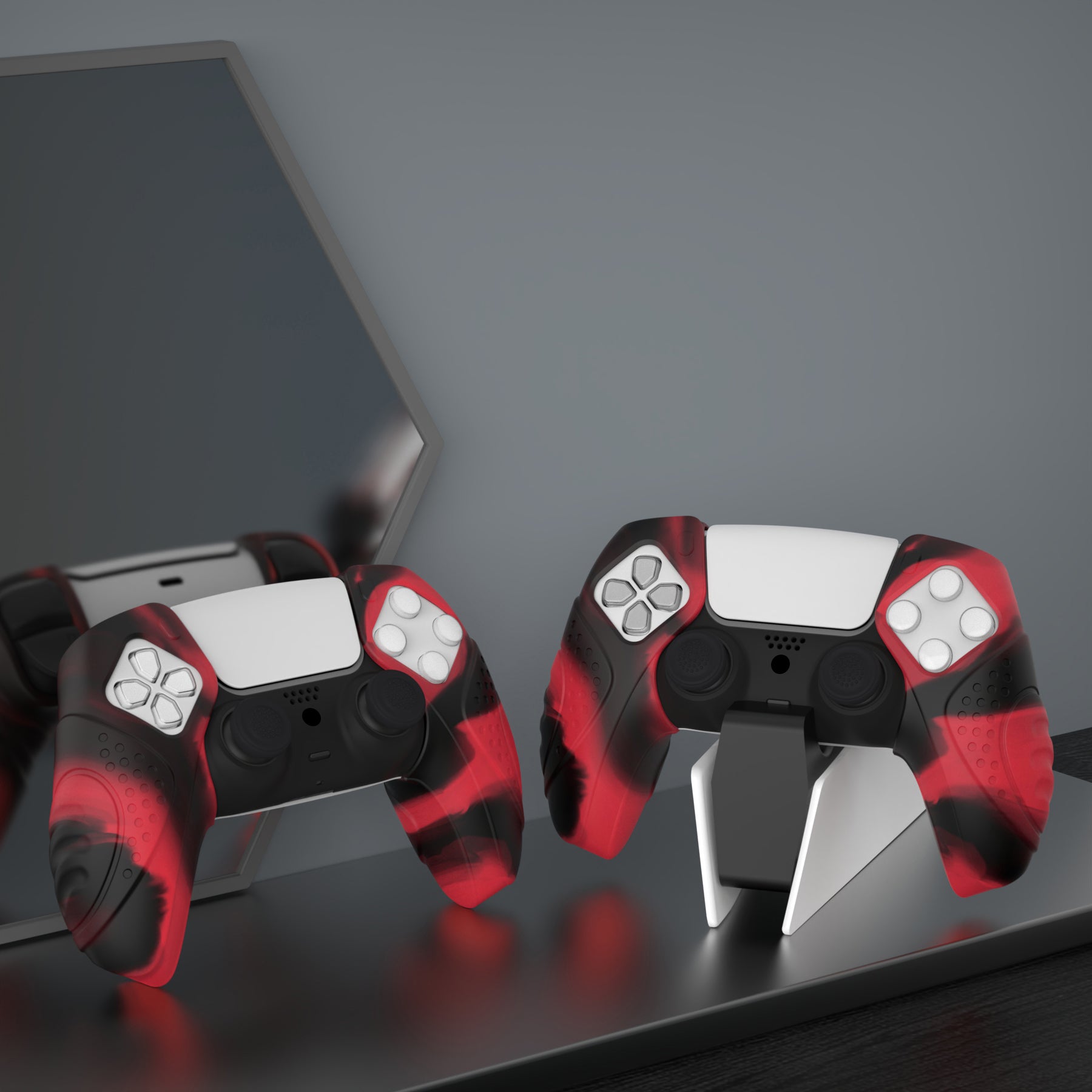 PlayVital Guardian Edition Ergonomic Anti-Slip Silicone Cover Skin with Thumb Grip Caps for PS5 Wireless Controller, Compatible with Charging Station - Red & Black - YHPF028 PlayVital