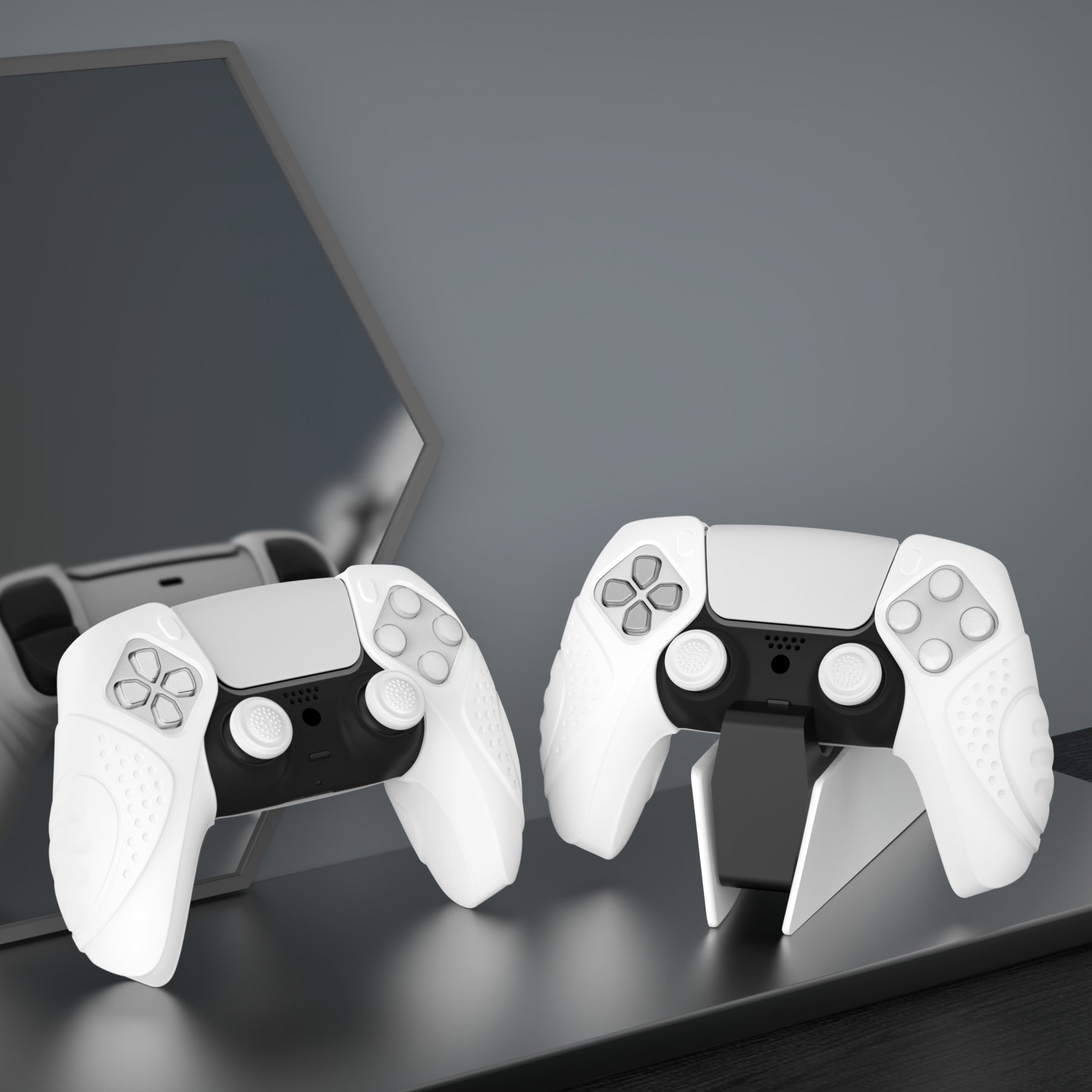 PlayVital Guardian Edition Ergonomic Anti-Slip Silicone Cover Skin with Thumb Grip Caps for PS5 Wireless Controller, Compatible with Charging Station - White - YHPF027 PlayVital