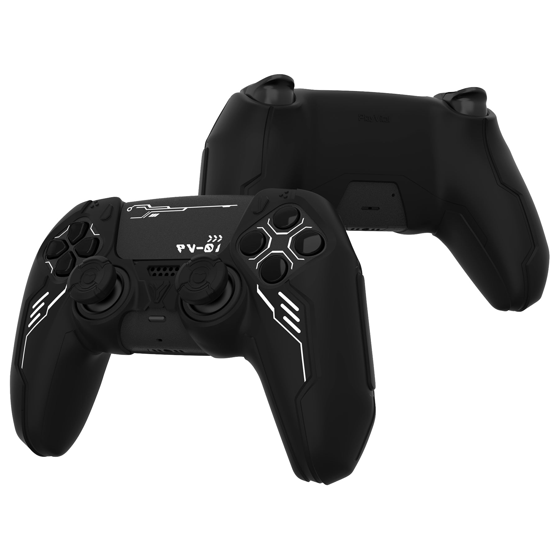 PlayVital Mecha Edition Anti-Slip Silicone Cover Skin with Matching Thumb Grips and Stickers for PS5 Wireless Controller -  Compatible with Charging Station - Black PlayVital