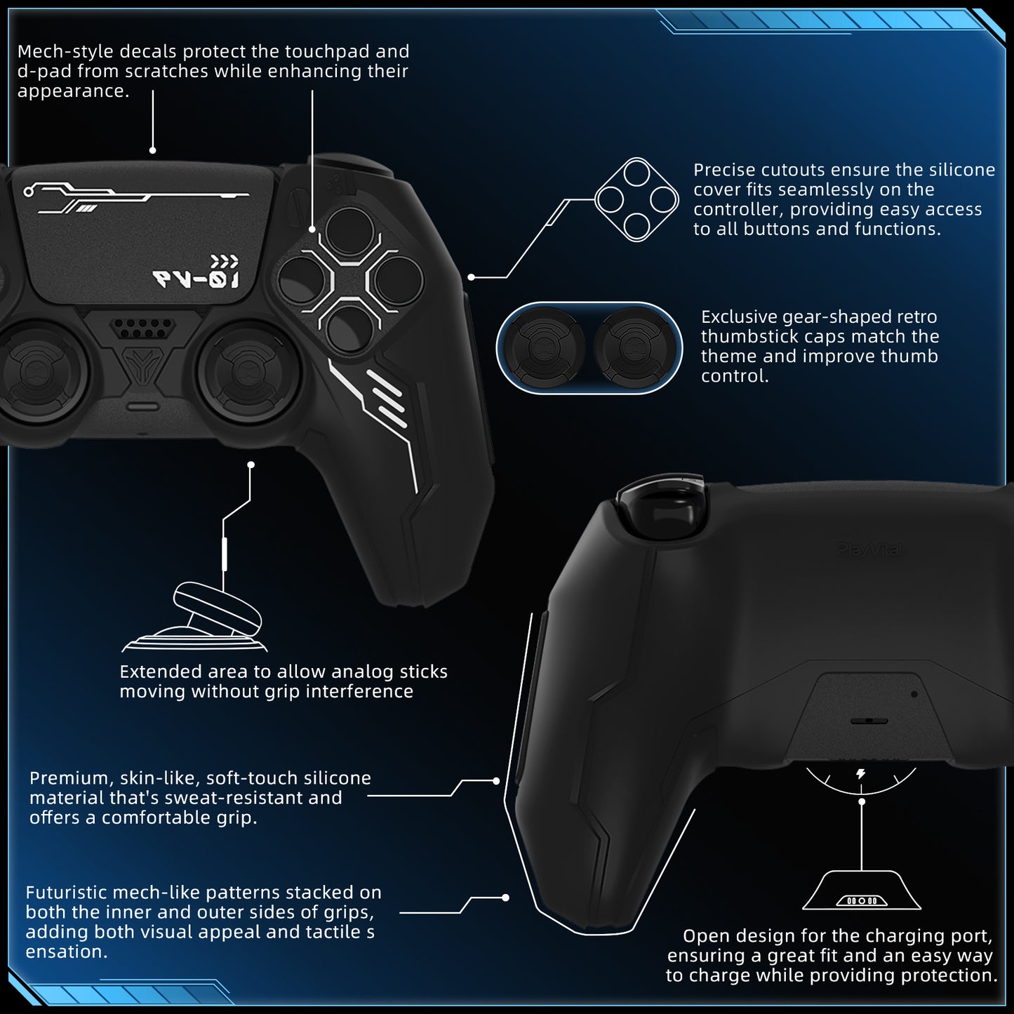 PlayVital Mecha Edition Anti-Slip Silicone Cover Skin with Matching Thumb Grips and Stickers for PS5 Wireless Controller -  Compatible with Charging Station - Black PlayVital