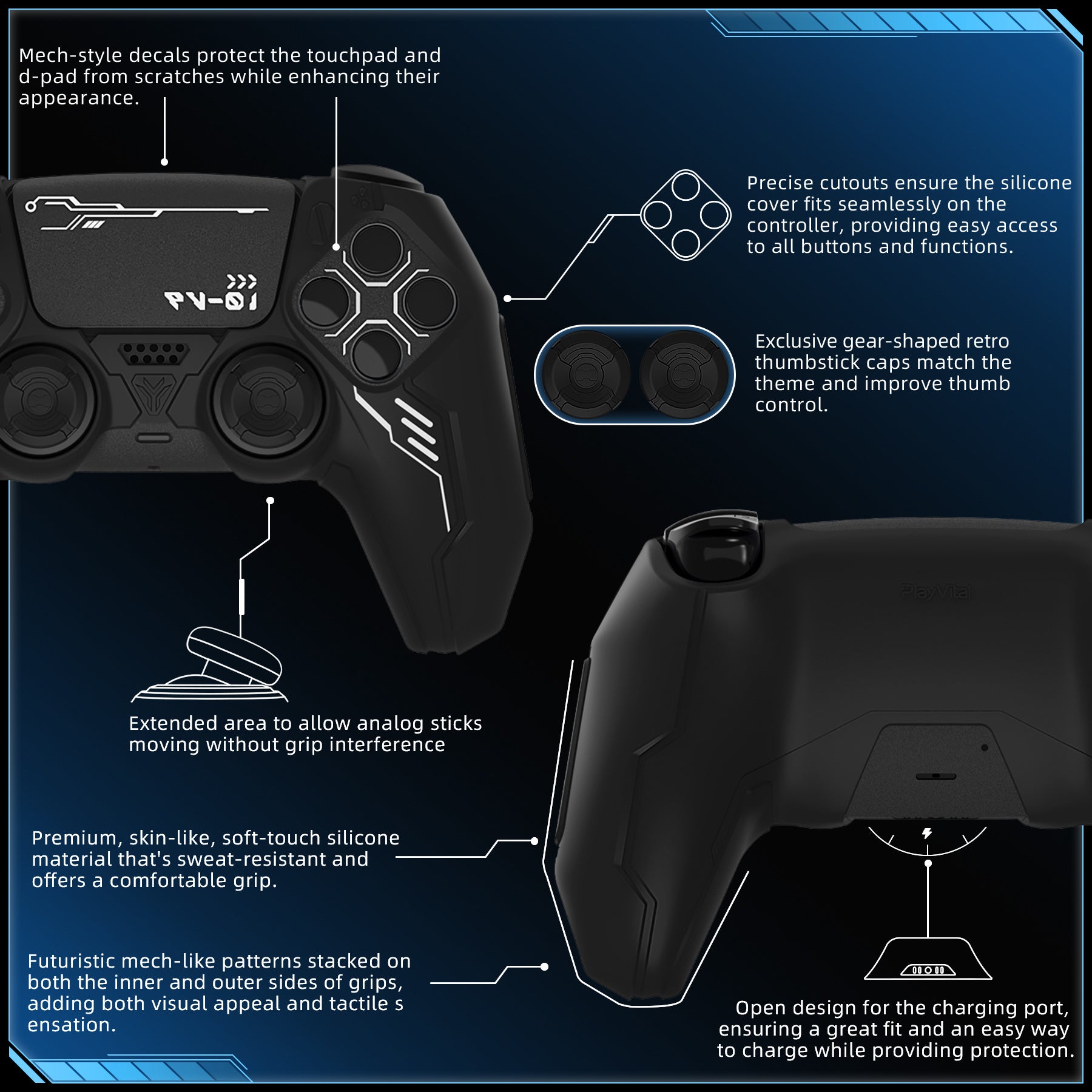 PlayVital Mecha Edition Anti-Slip Silicone Cover Skin with Matching Thumb Grips and Stickers for PS5 Wireless Controller -  Compatible with Charging Station - Black PlayVital