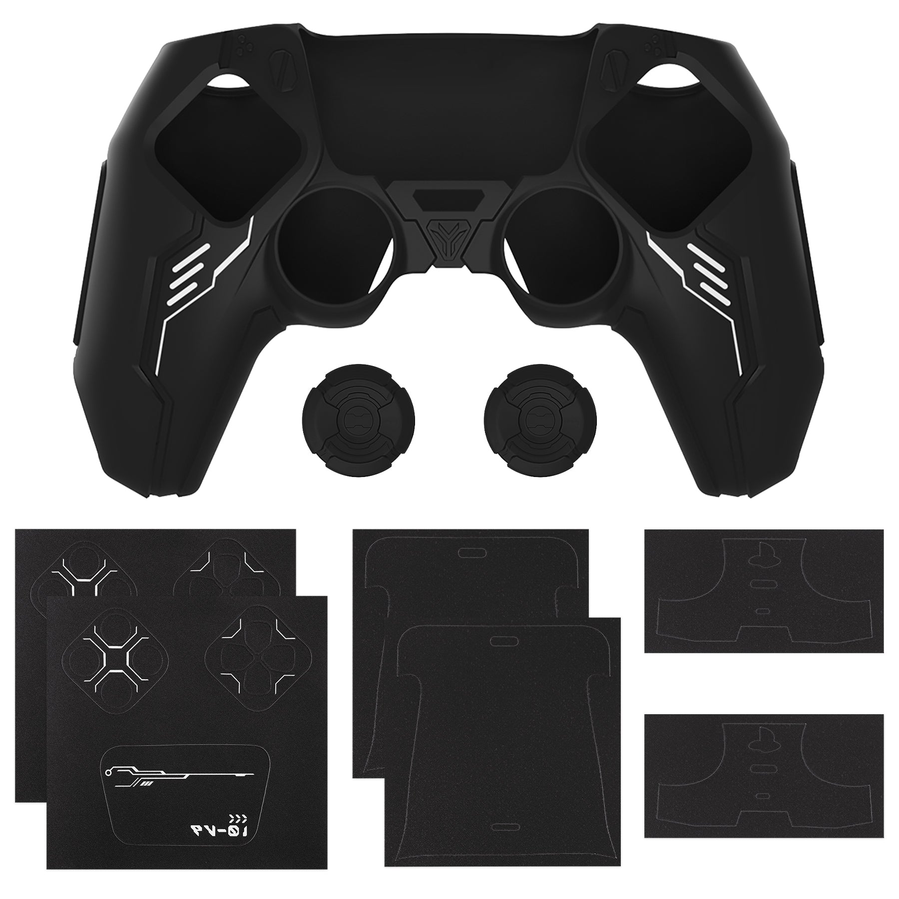 PlayVital Mecha Edition Anti-Slip Silicone Cover Skin with Matching Thumb Grips and Stickers for PS5 Wireless Controller -  Compatible with Charging Station - Black PlayVital
